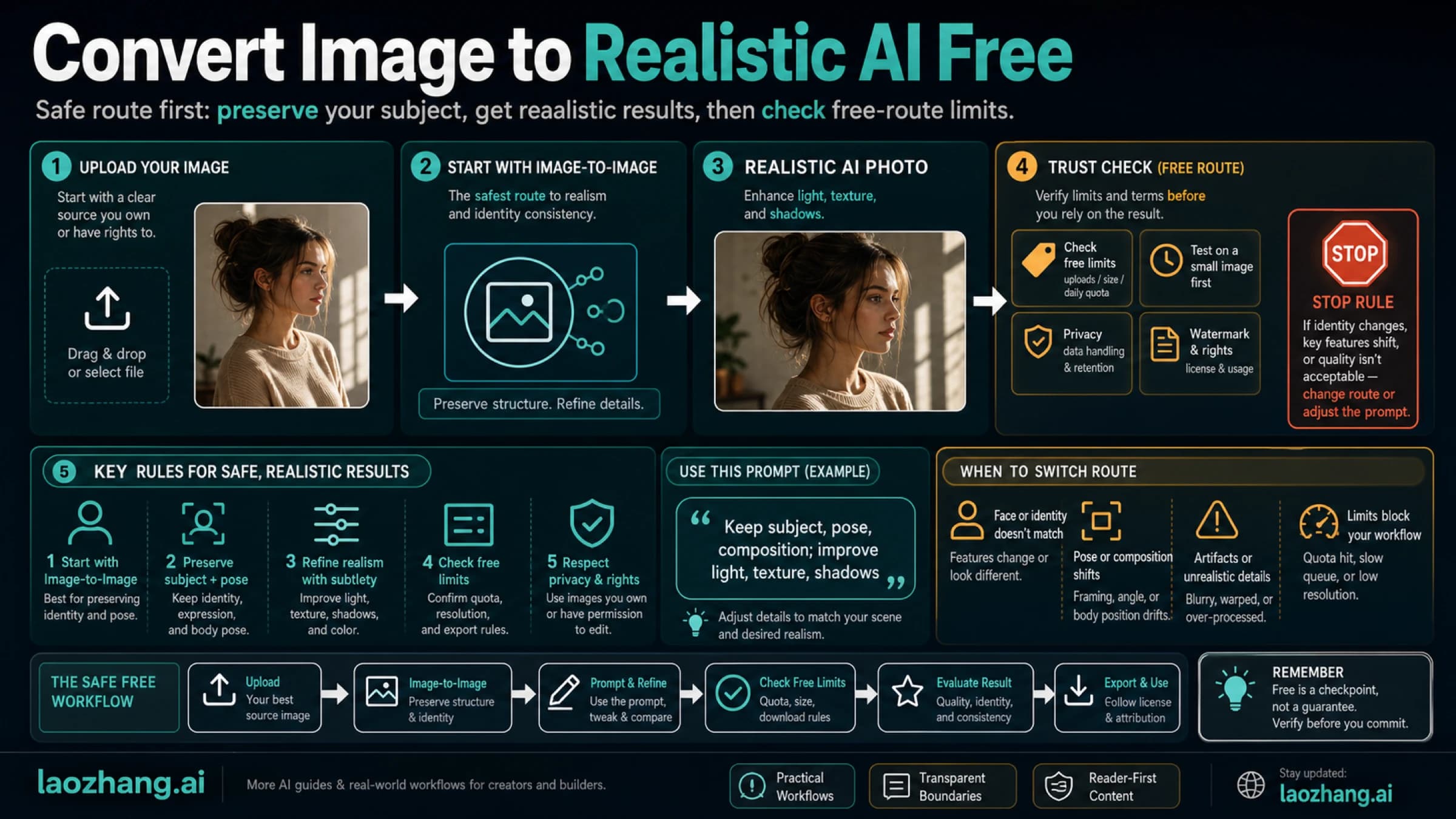 Route chooser for converting an uploaded image into a realistic AI photo with prompt and trust checks