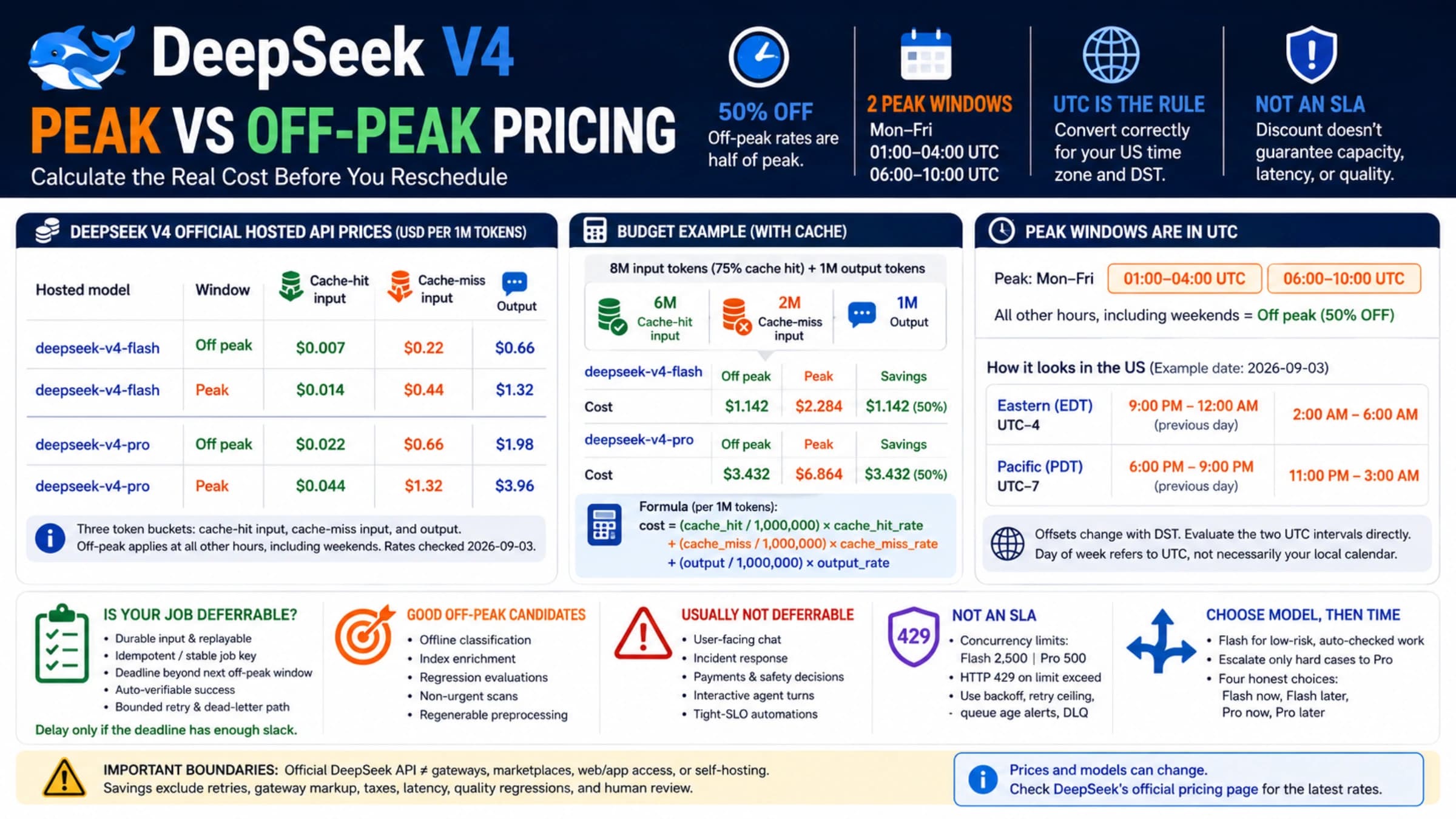 DeepSeek V4 peak and off-peak schedule, token rates, cost math, and workload decision overview