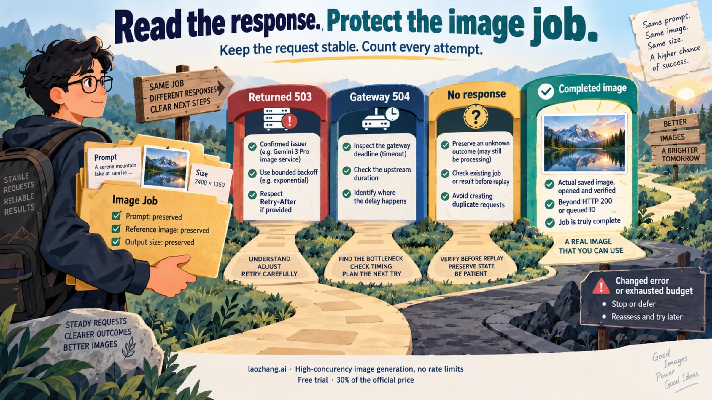A preserved Pro image job follows separate paths for a returned 503, gateway 504, or unknown local timeout, ending with an opened image or a deferred task.