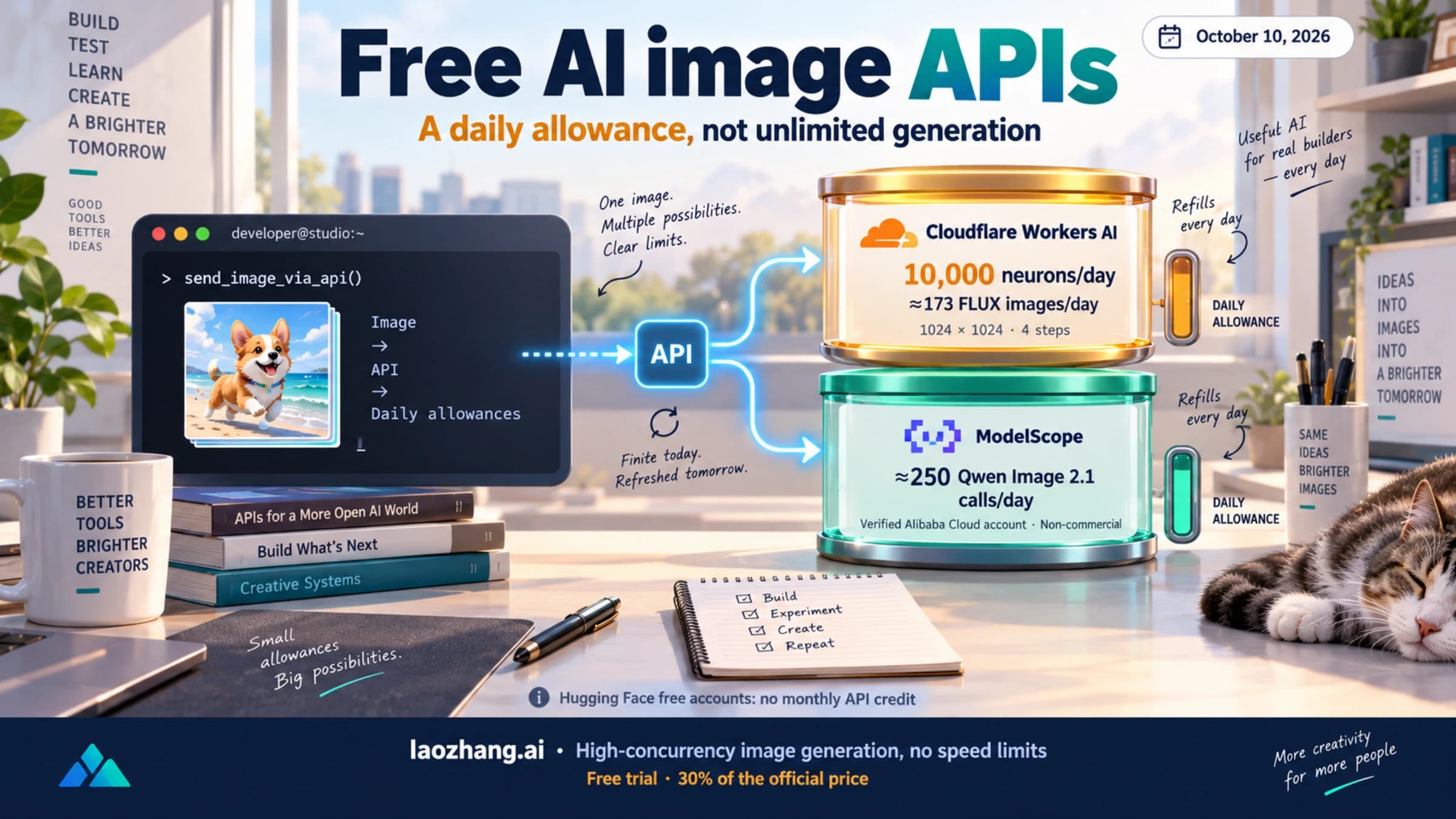 Free image API allowances as of October 10, 2026: about 173 daily FLUX images through Cloudflare Workers AI, about 250 ModelScope Qwen Image 2.1 calls for verified non-commercial use, and no Hugging Face monthly credit on free accounts.