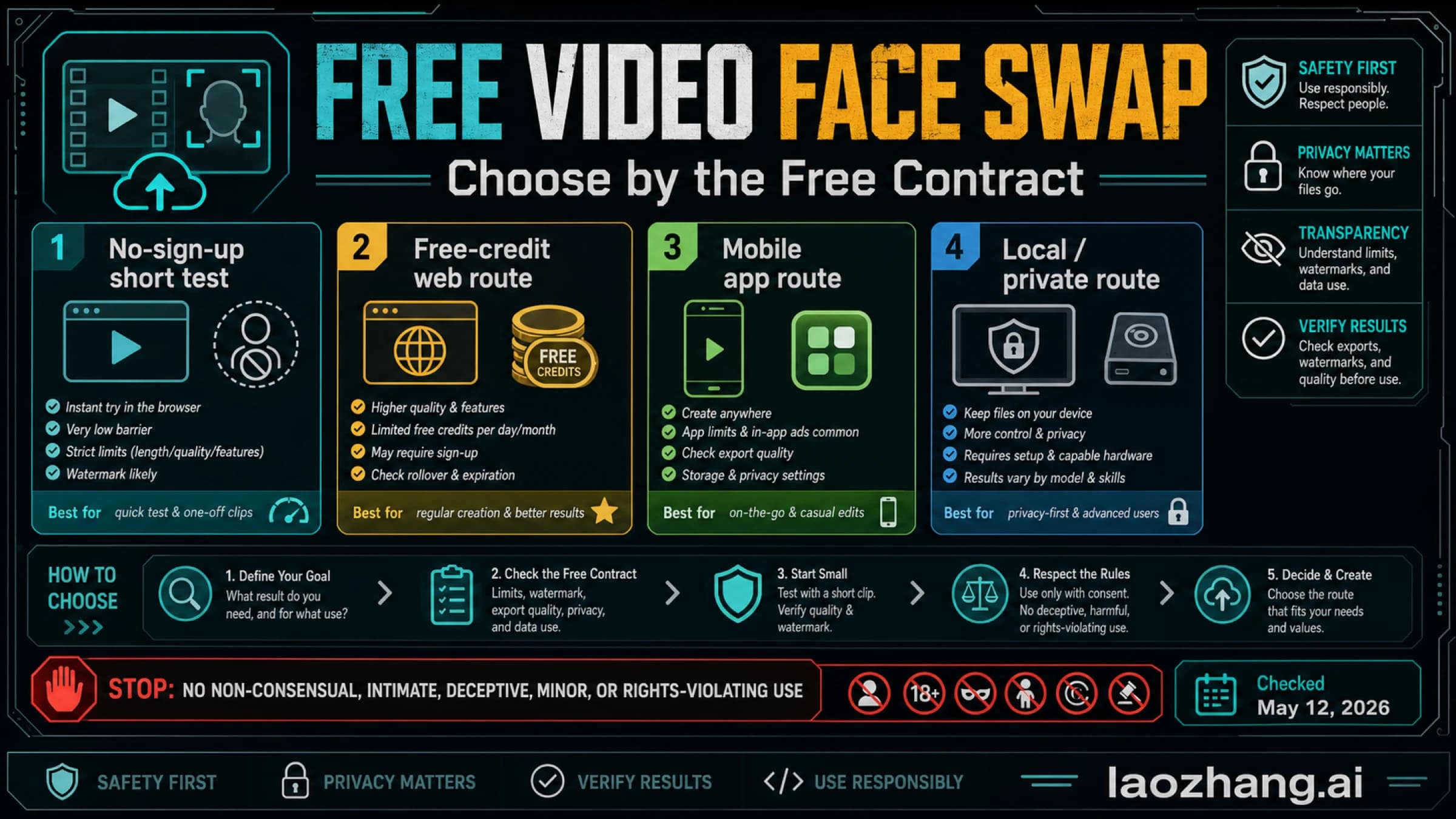 Free video face swap route board showing no-sign-up, free-credit, mobile, local/private options and a safety stop rule