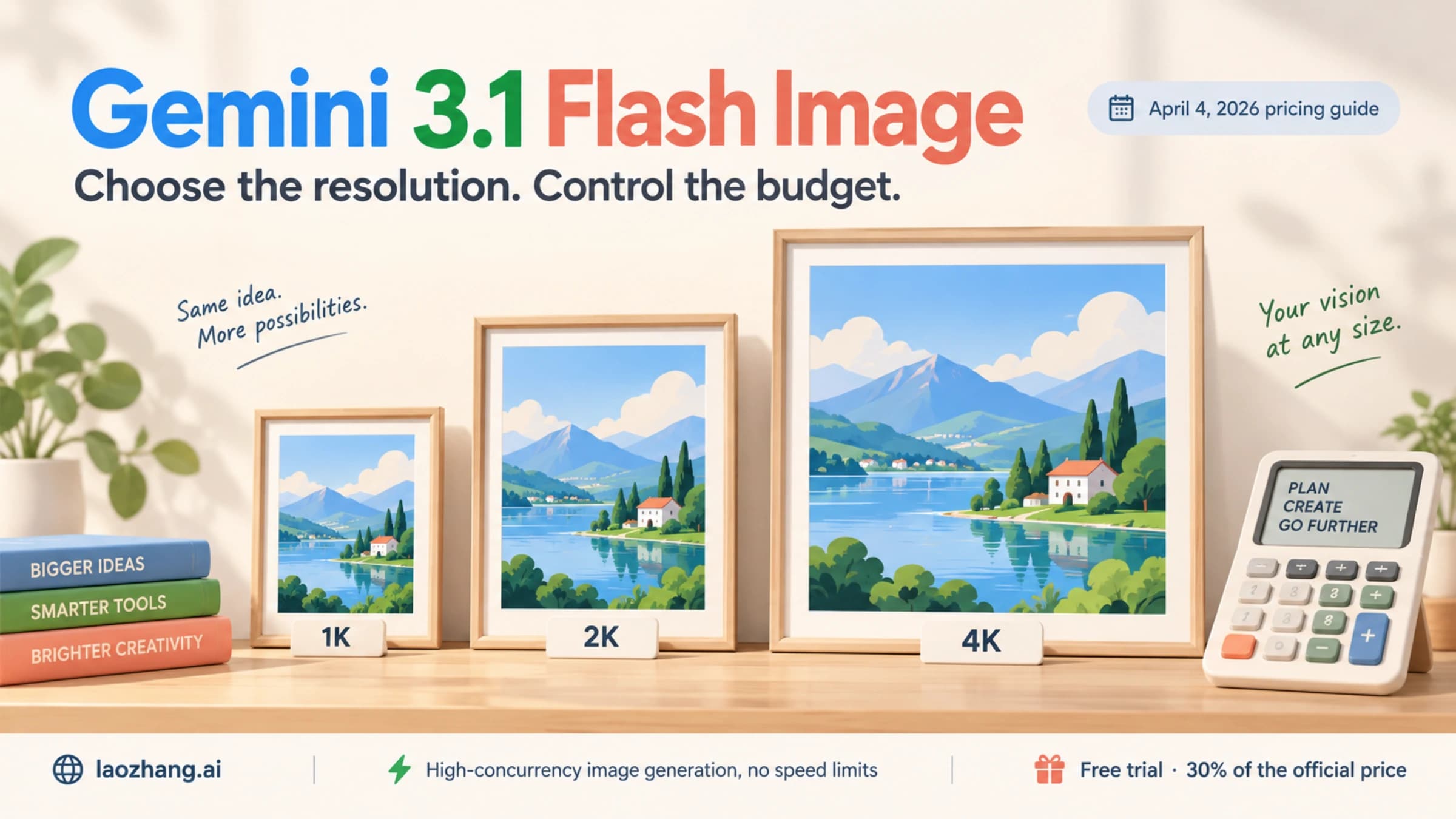 Illustrated resolution frames and calculator for the April 2026 Gemini 3.1 Flash Image pricing guide