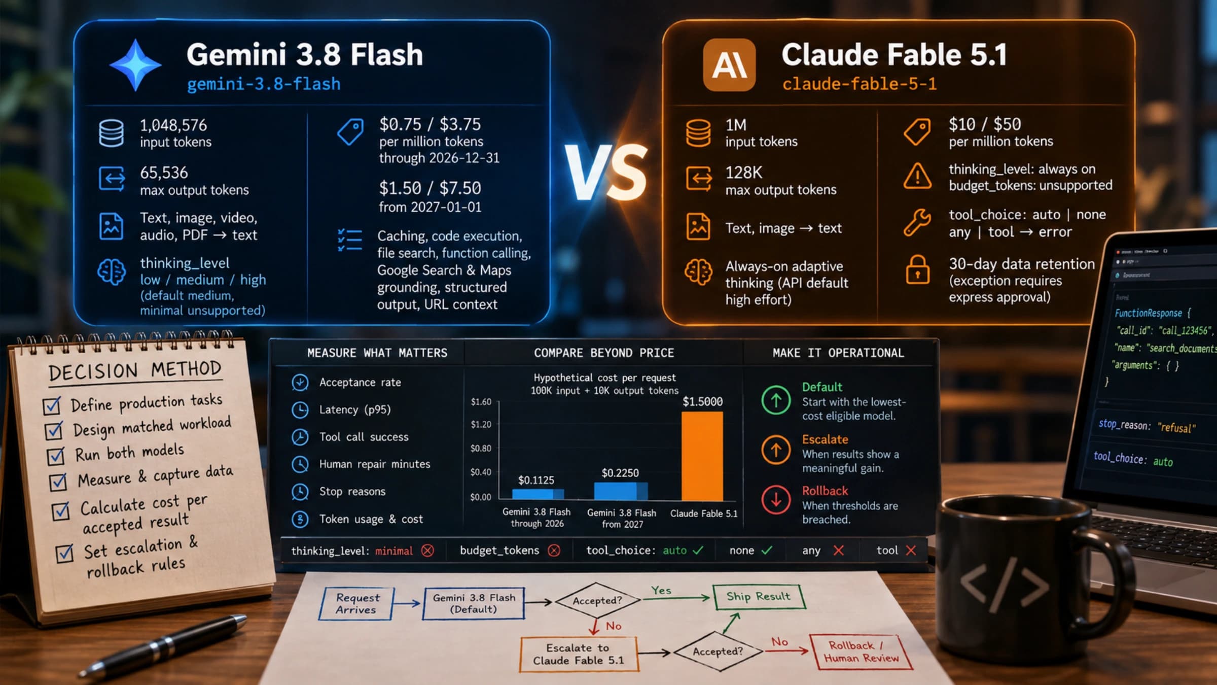 Gemini 3.8 Flash and Claude Fable 5.1 API decision visual for developers