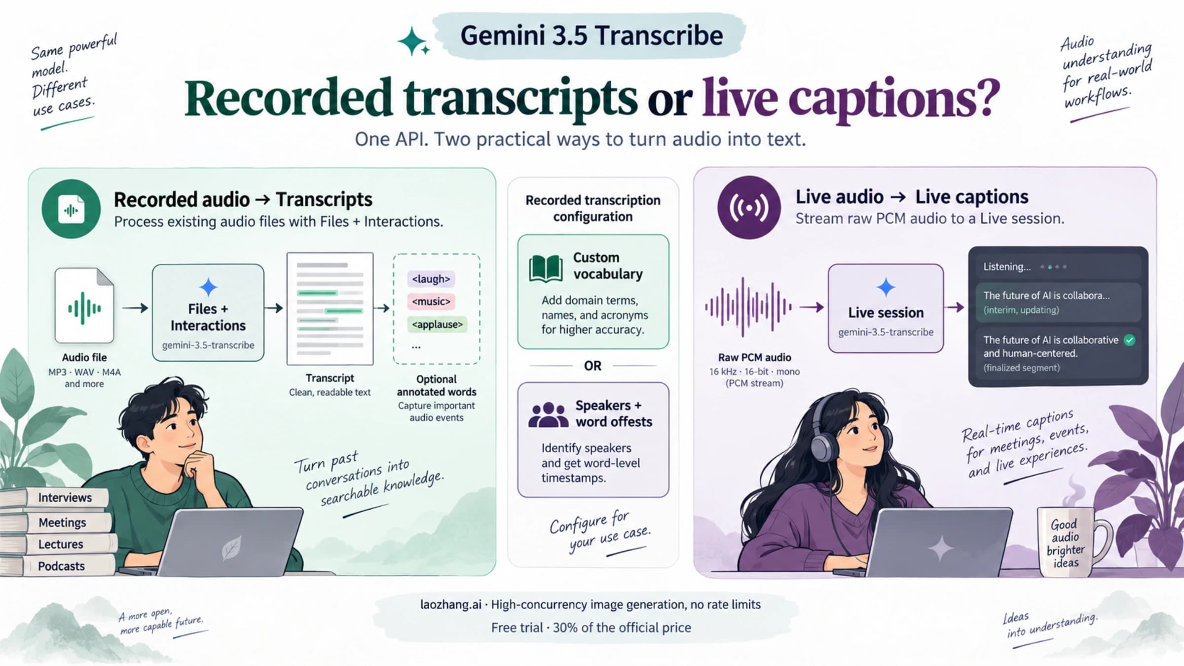Recorded transcription and live captions have different audio inputs, text states, and annotation options.