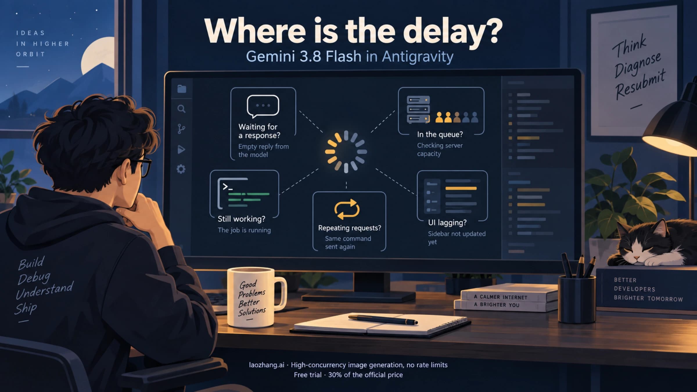 Illustration of an Antigravity user identifying response delays, server capacity, active tools, command loops, and interface lag