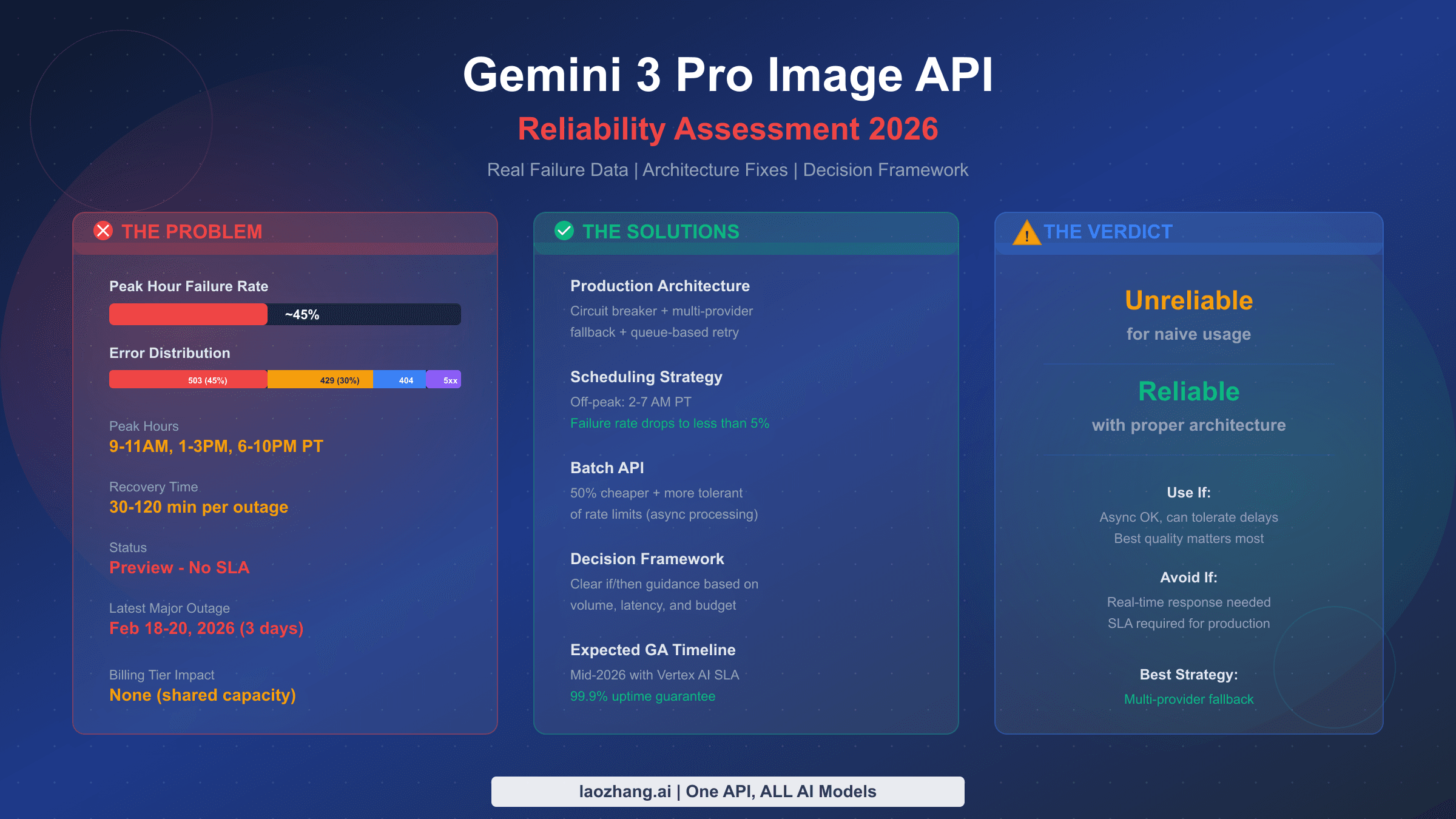 Gemini 3 Pro Image API reliability assessment showing failure data and architecture solutions