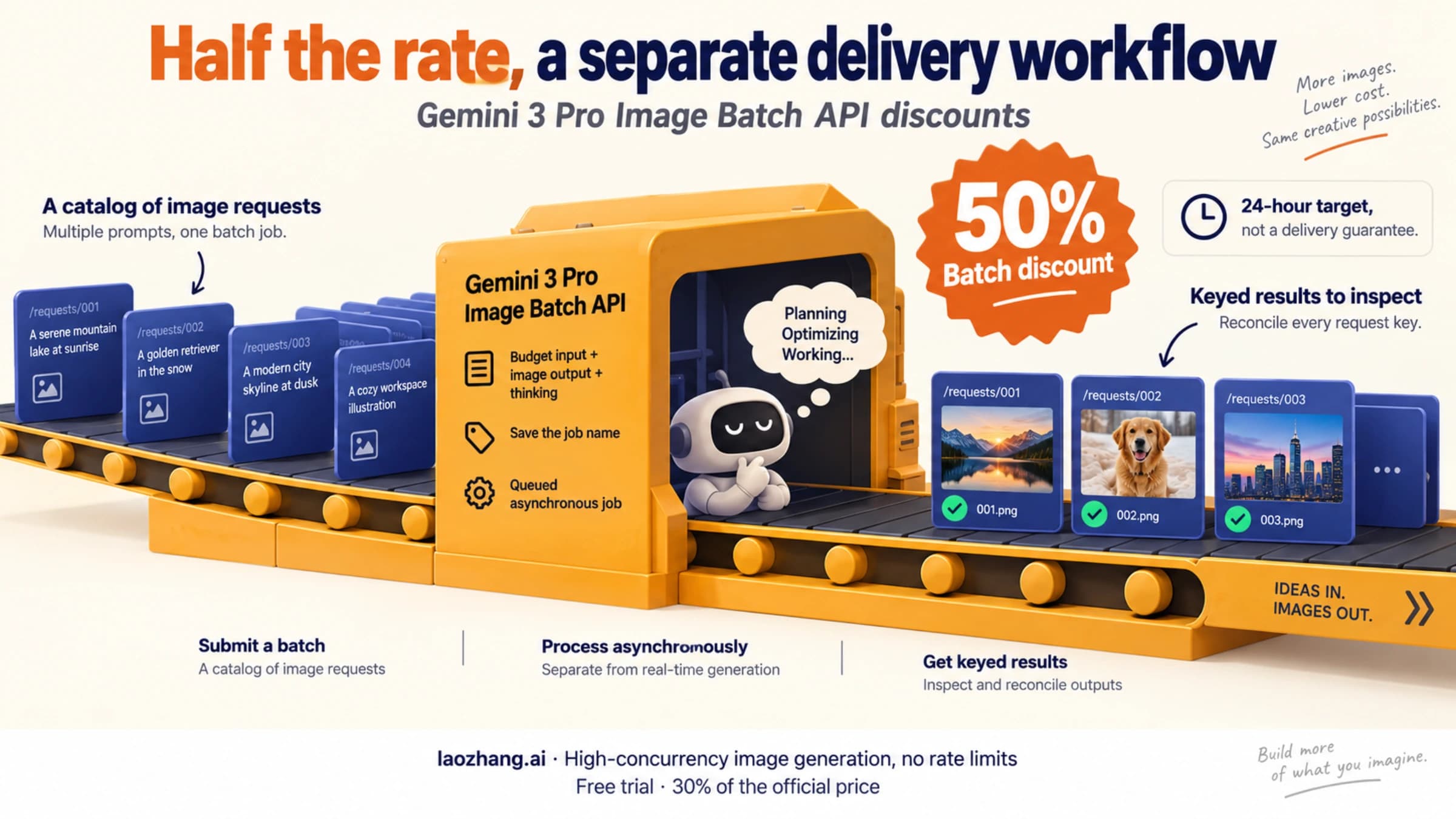 An asynchronous image batch saves the job name and reconciles keyed assets at discounted processing rates.