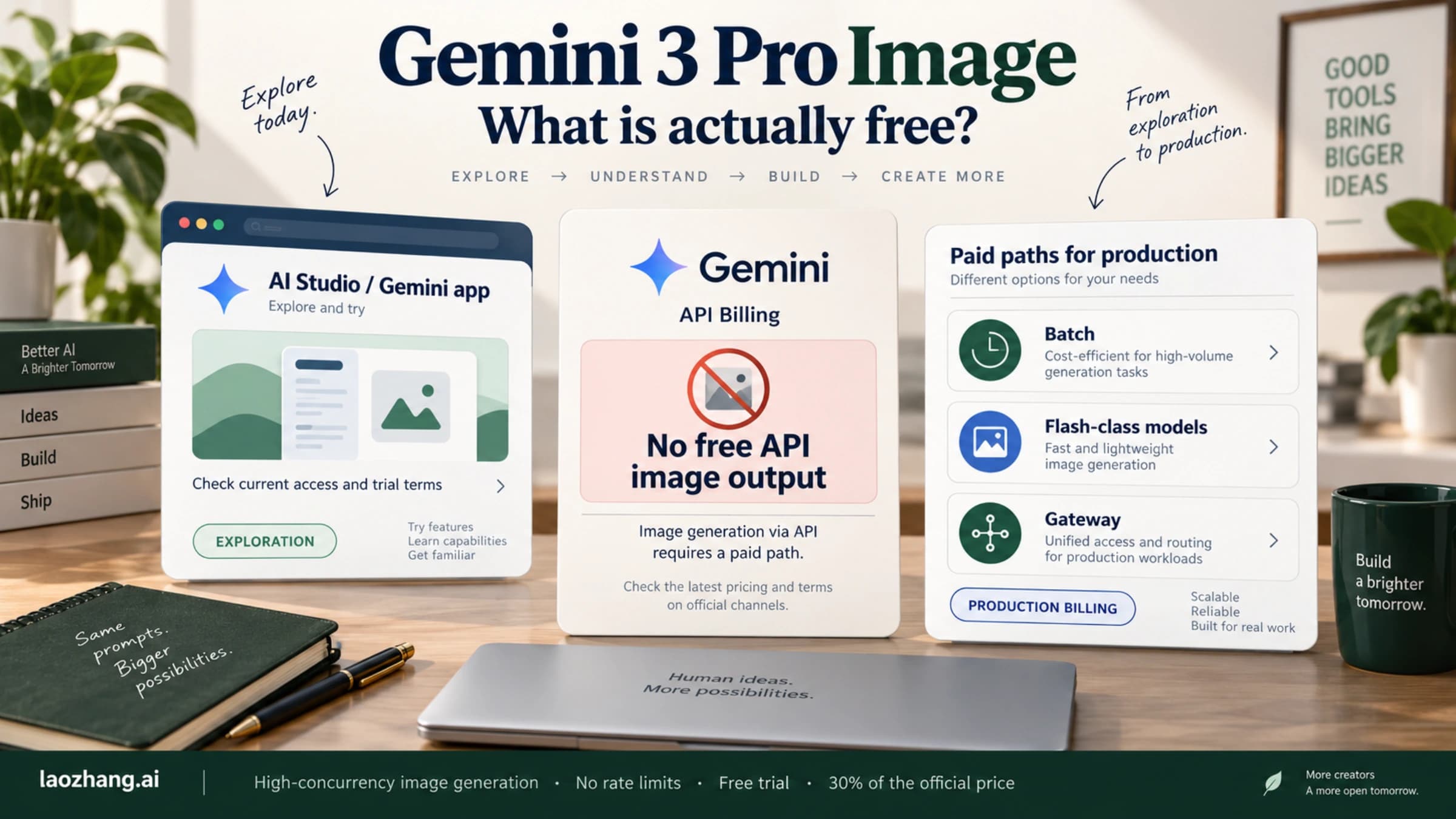 Gemini 3 Pro Image access overview distinguishing limited web exploration from paid API production routes