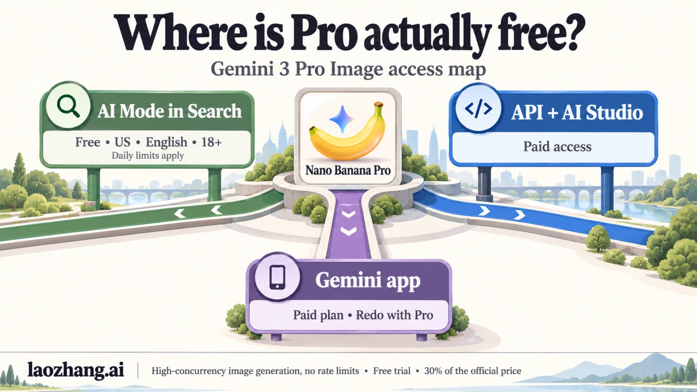 Gemini 3 Pro Image access map showing free US English AI Mode, paid API and AI Studio, and paid Redo with Pro in the app