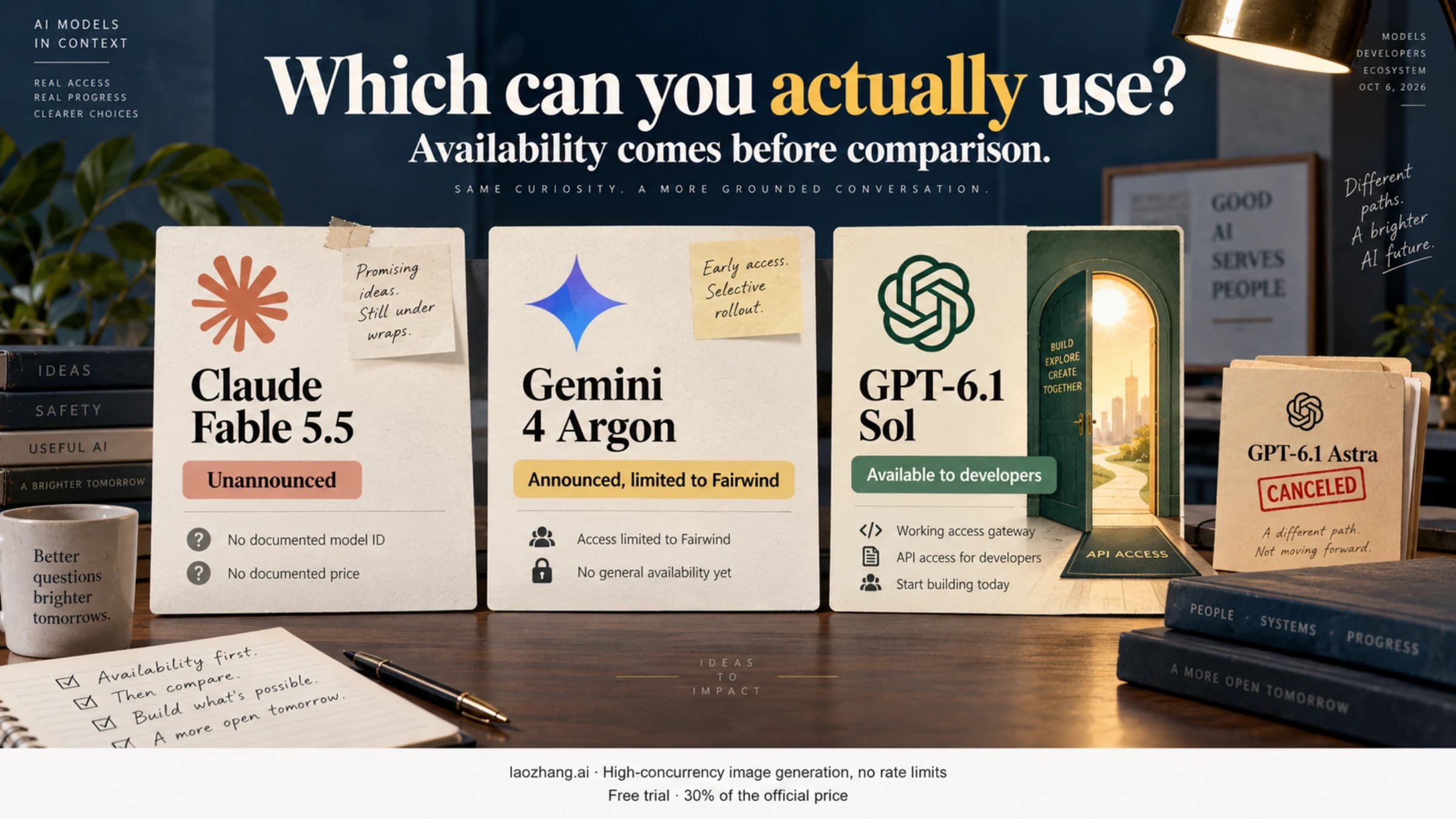 Dated access cards separate unannounced Fable 5.5, limited Gemini 4 Argon, available GPT-6.1 Sol, and canceled Astra.