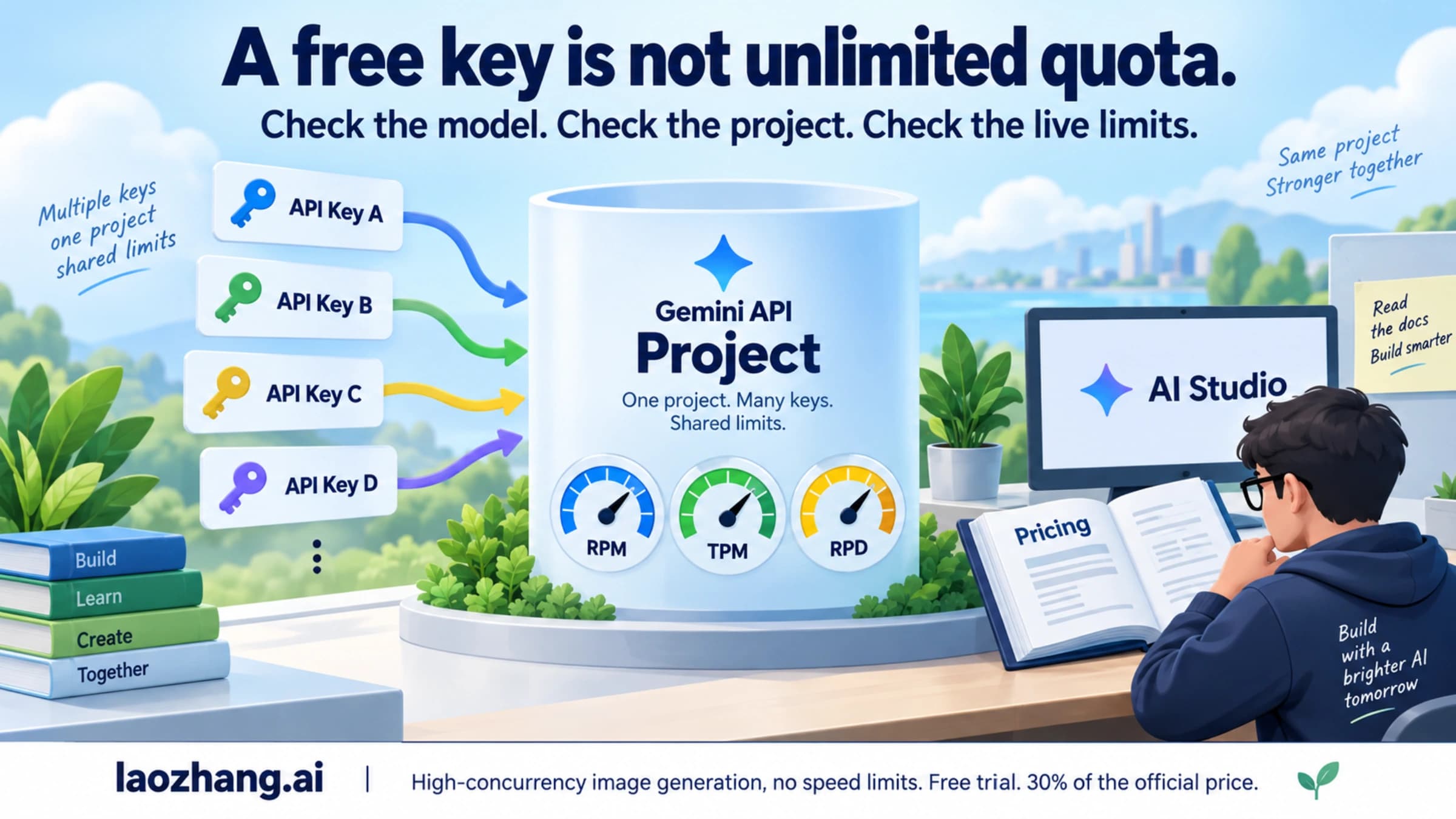 Several Gemini API keys share one project's RPM, TPM, and RPD limits.