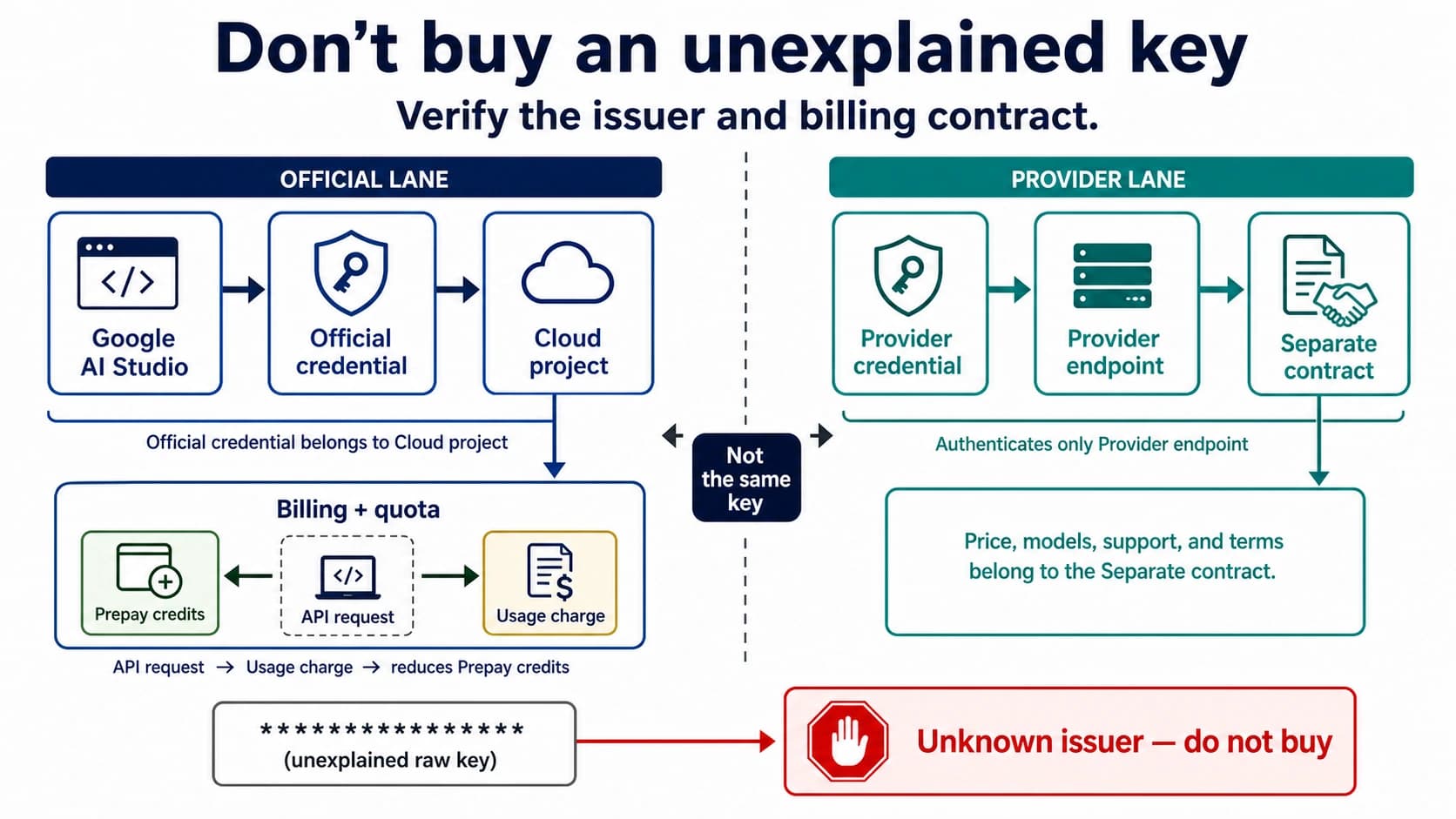 Gemini API access map connecting an official project key to billing, usage, and a separate provider contract