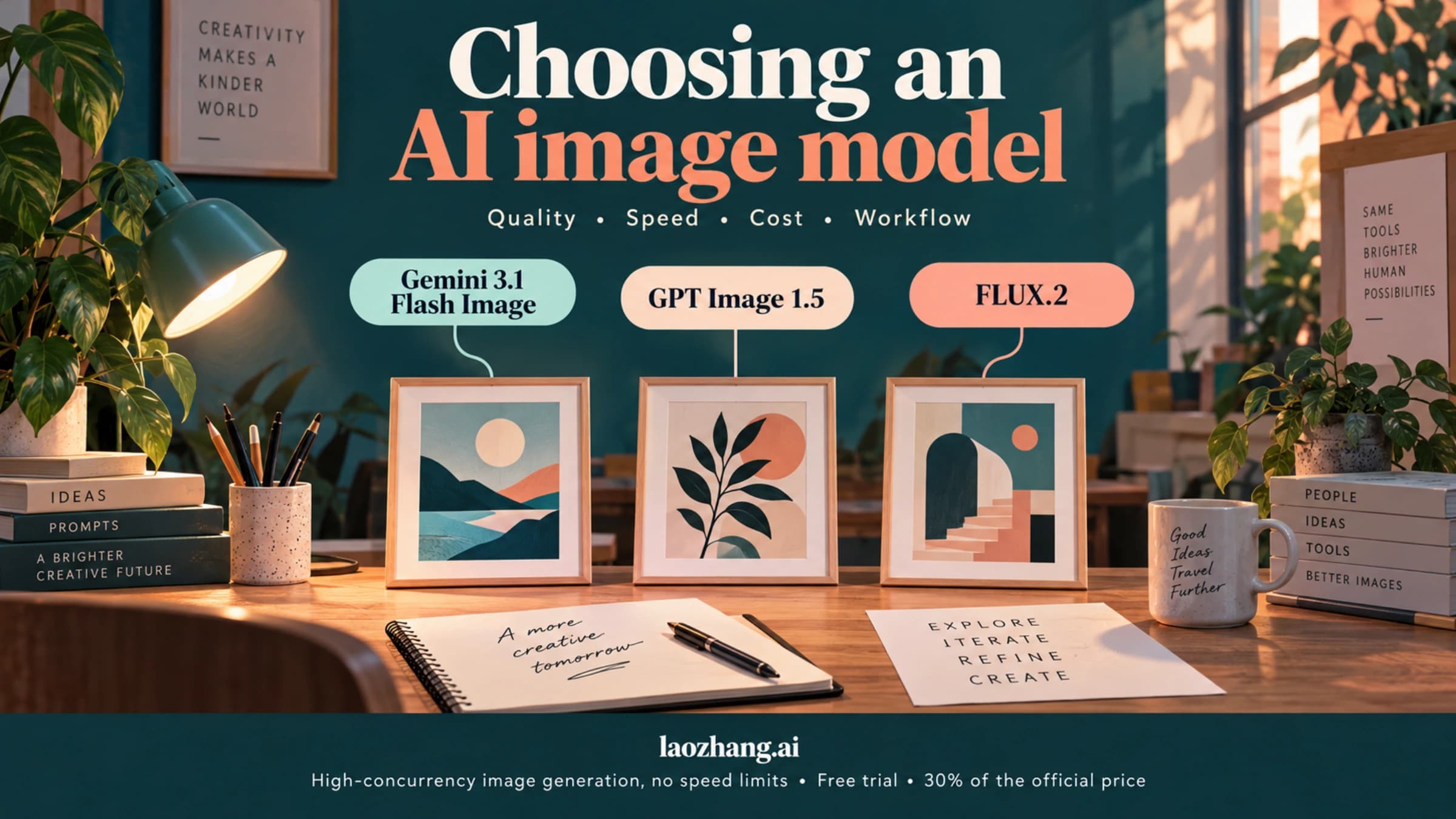 Conceptual comparison of Gemini, GPT Image and FLUX across quality, speed, cost and workflow