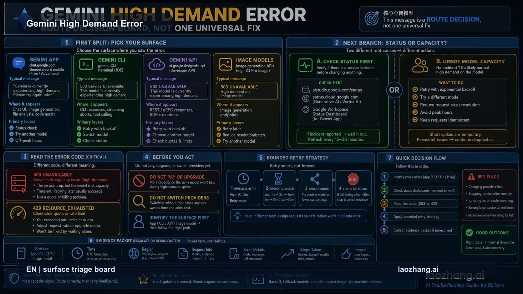 Gemini high demand error route board for App, CLI, API, and image-preview troubleshooting