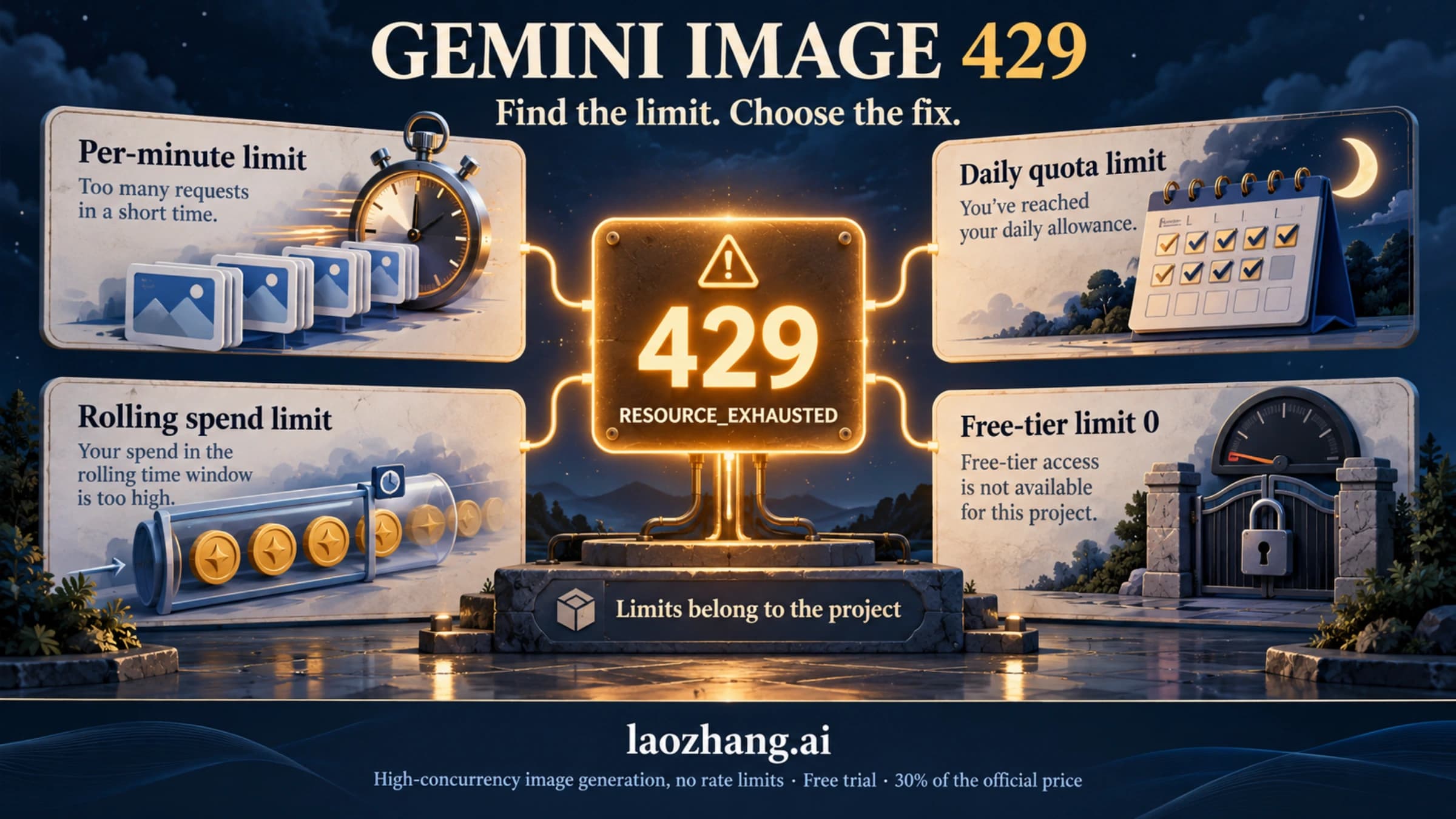 Gemini image 429 overview separating per-minute, daily, rolling-spend and free-tier-zero limits