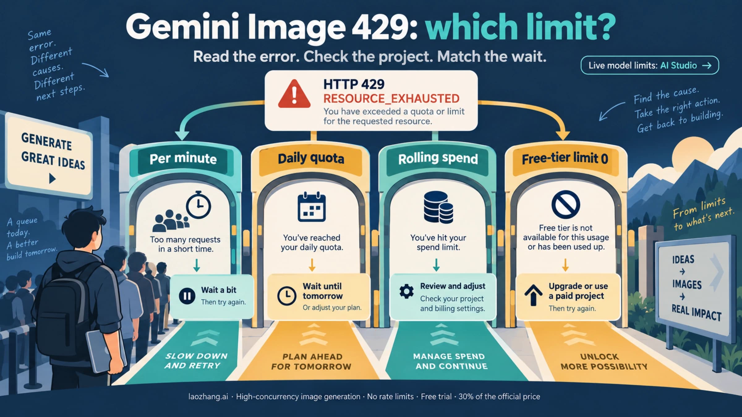Gemini image 429 overview separating per-minute, daily, rolling-spend and free-tier-zero limits