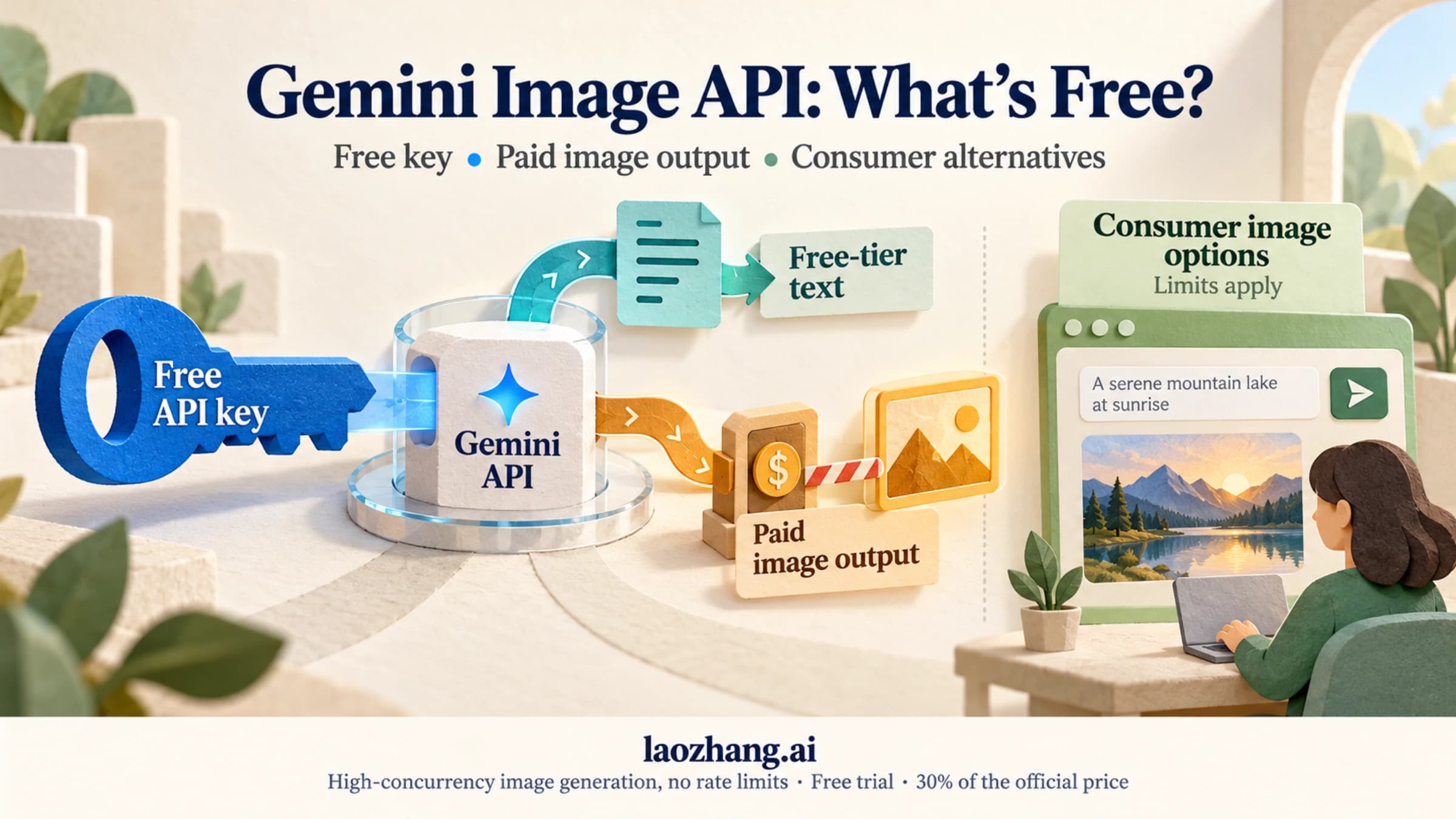 Illustration distinguishing a free Gemini API key from paid image output and consumer image options