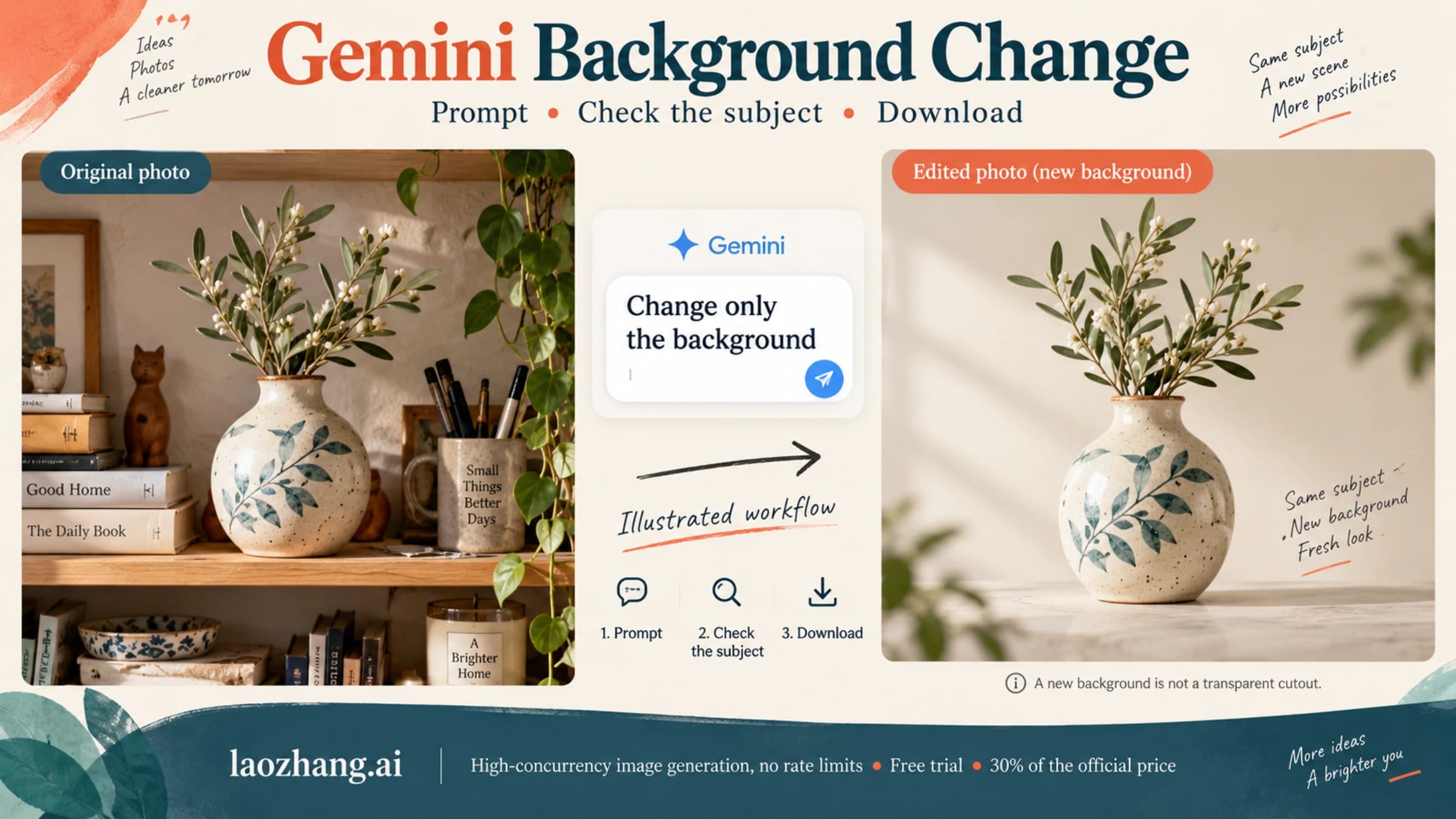 Illustrated Gemini background-change workflow with a vase and a new studio backdrop
