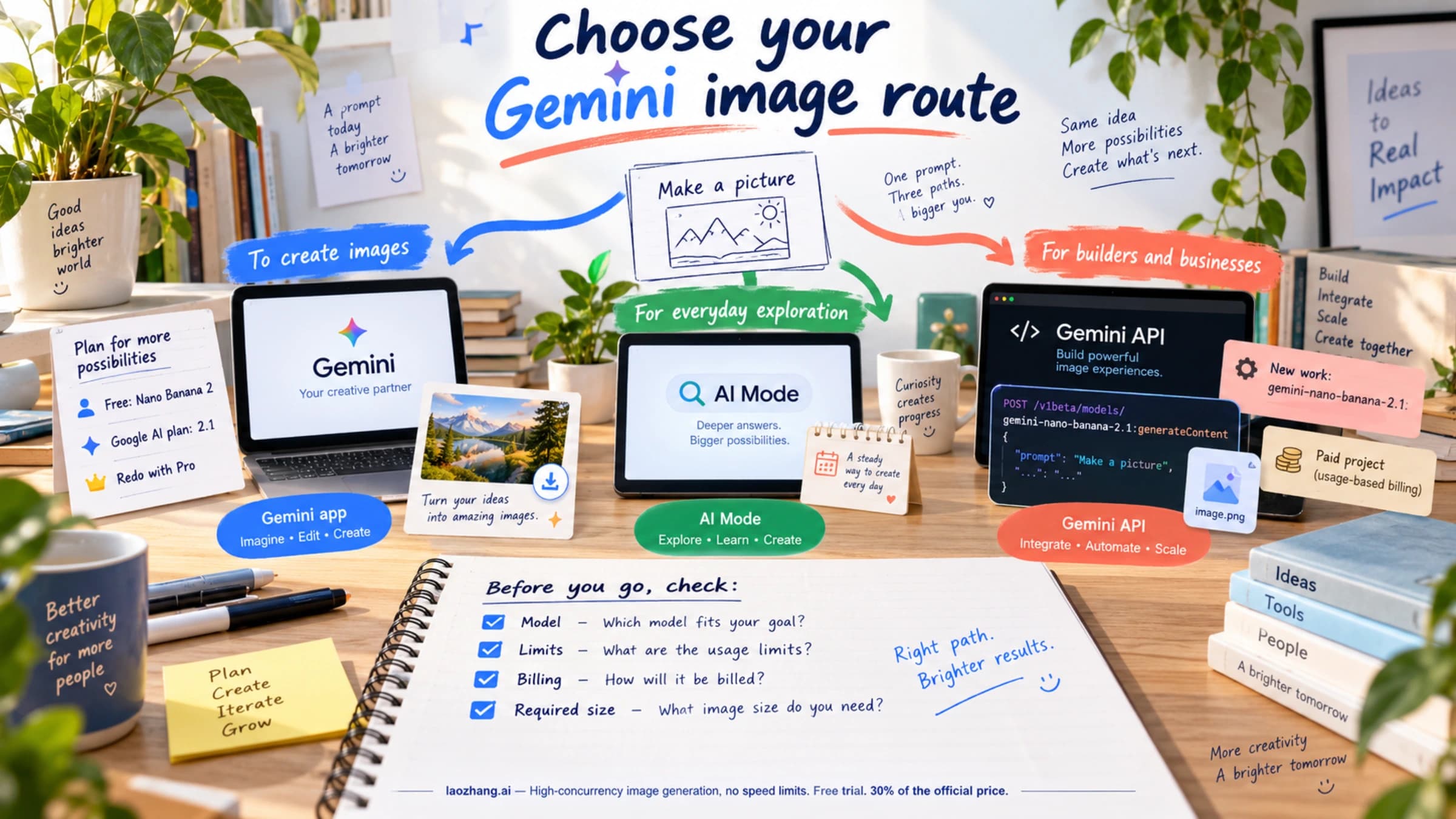 Conceptual Gemini image route choice between the app, AI Mode and a paid API project, with model, limit, billing and output-size checks