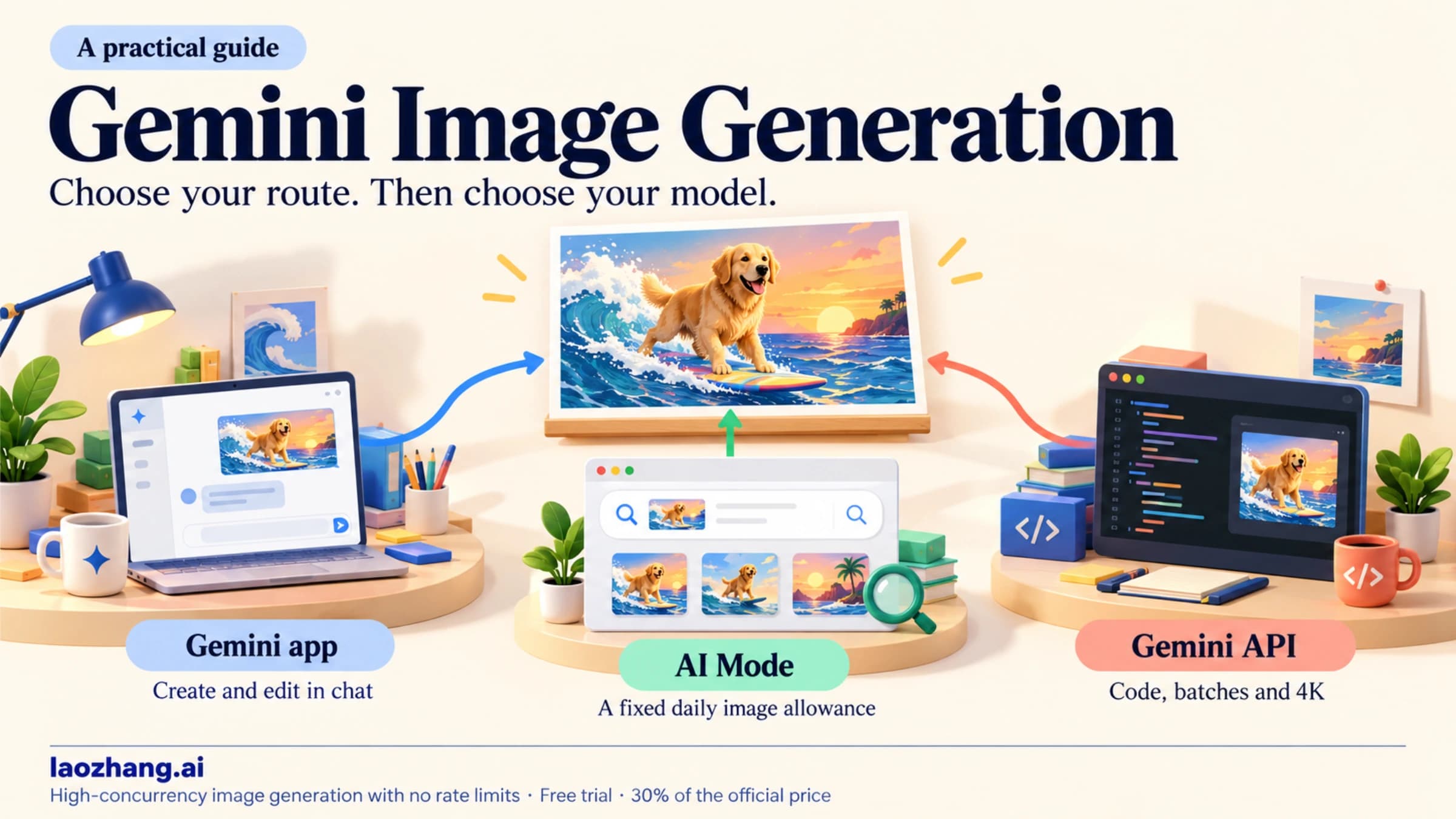 Editorial illustration of three routes to Gemini image generation: creating in the Gemini app, using AI Mode, and building with the Gemini API.