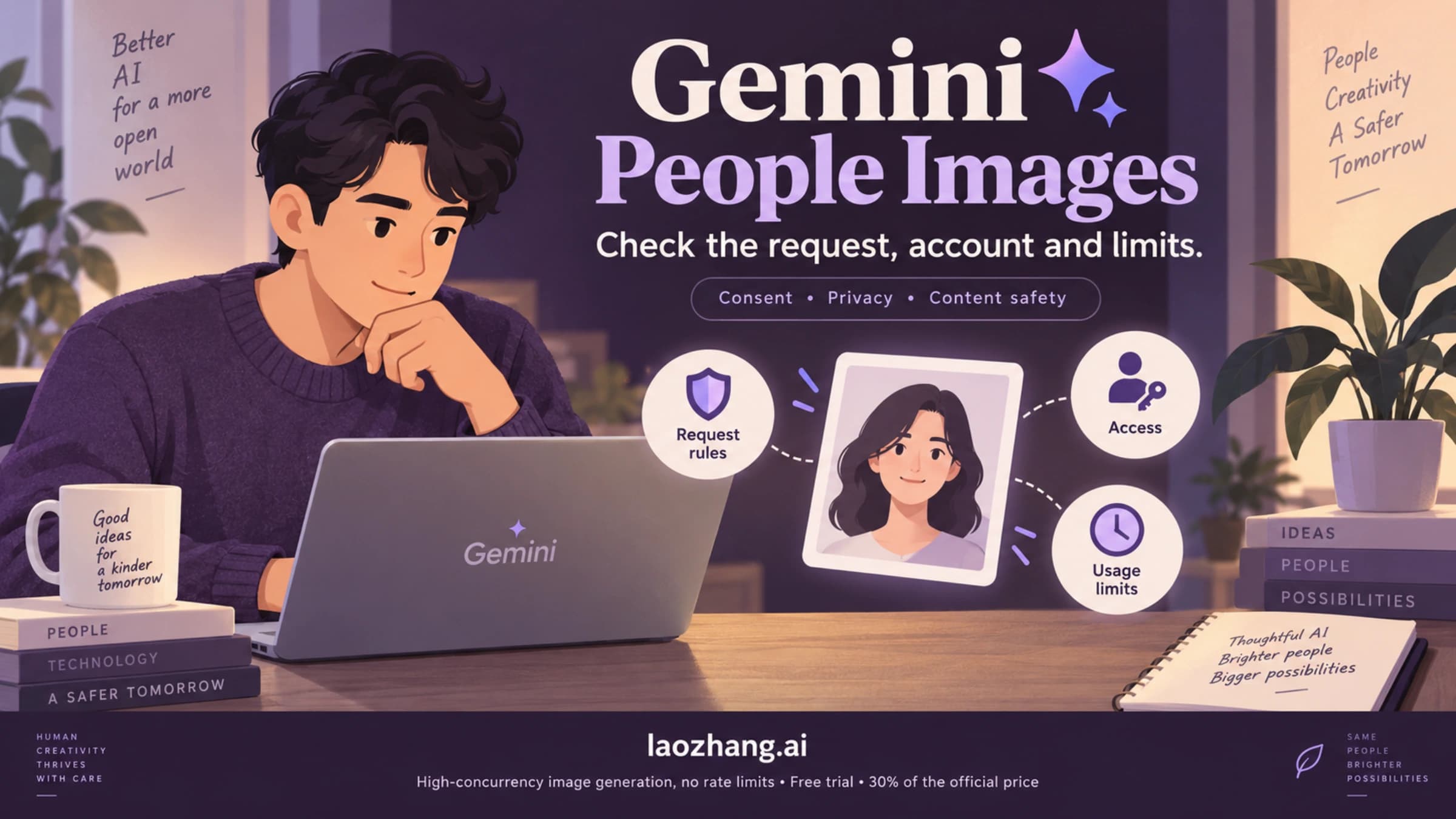 Illustration of a Gemini people-image request with policy, account-access and usage-limit checks