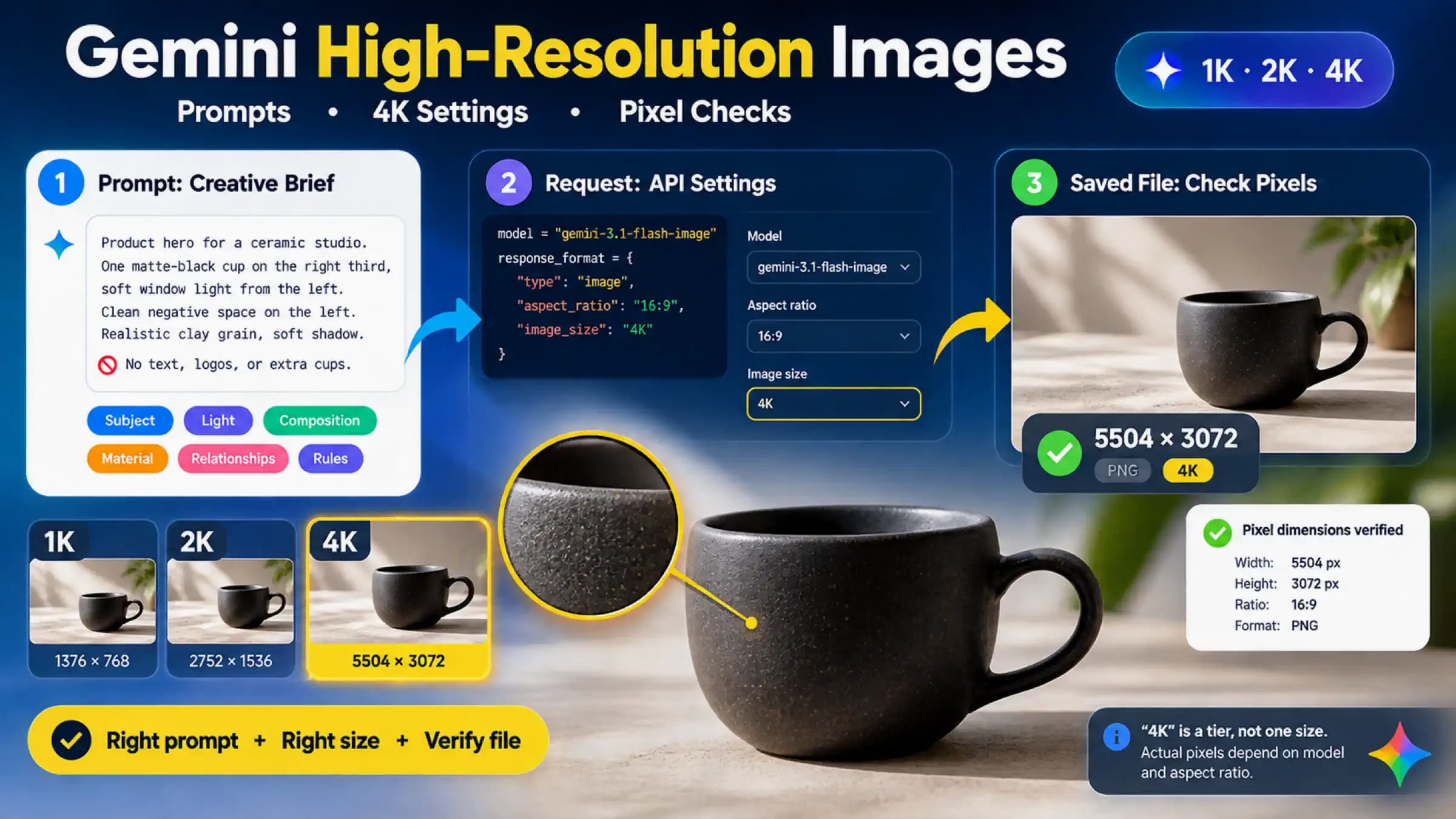 Three-stage Gemini image quality check connecting the prompt brief, API resolution request, and saved pixel dimensions
