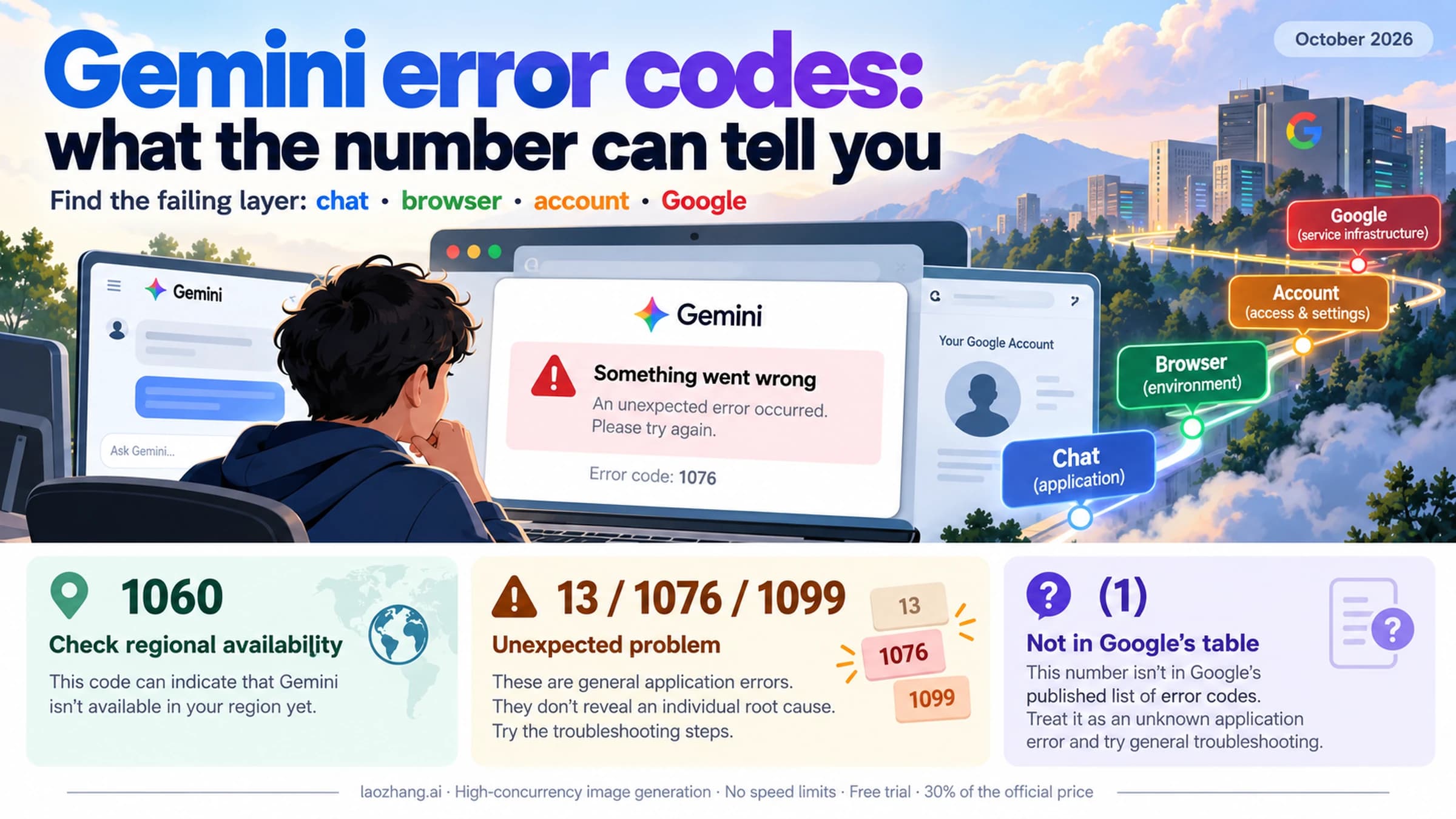 Gemini error codes 13, 1076 and 1099: Something went wrong (13) logged by Google, (1076) with a Notebook workaround, (1099) with no confirmed fix