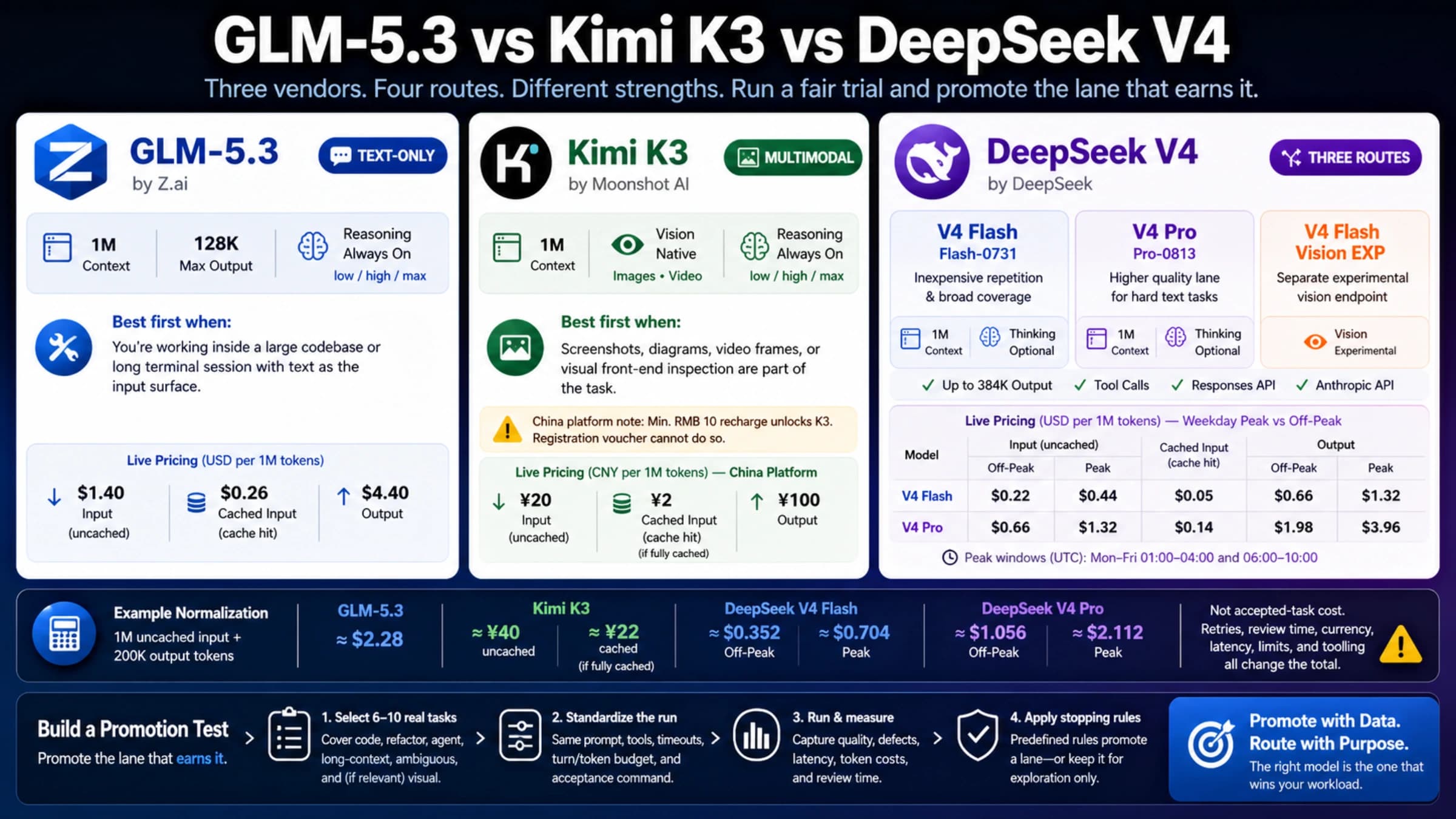 GLM-5.3, Kimi K3, DeepSeek V4 Flash and Pro route, pricing, and promotion-test dashboard