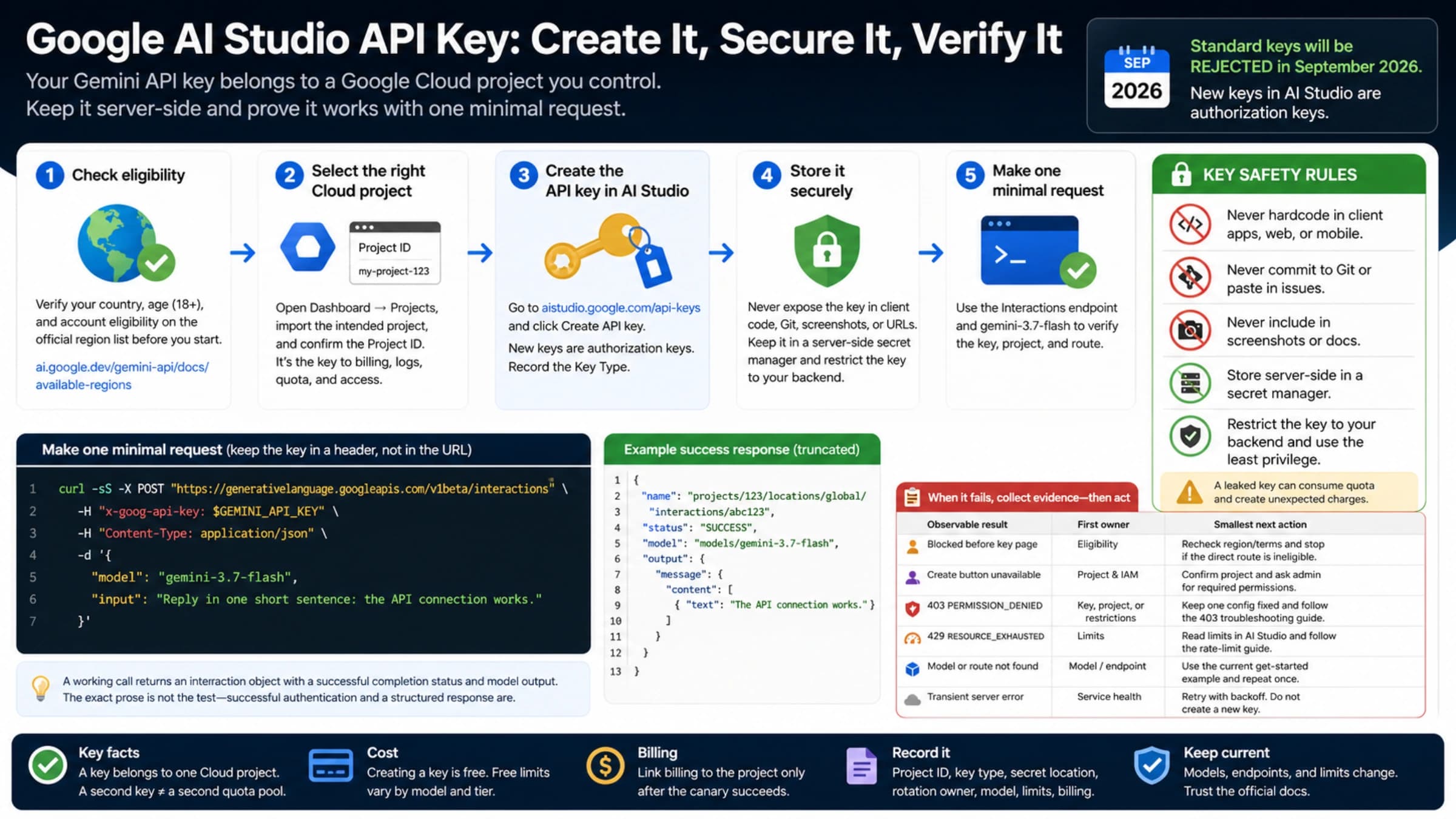 Developer path from a controlled Google Cloud project to a protected Gemini API key and a successful first request