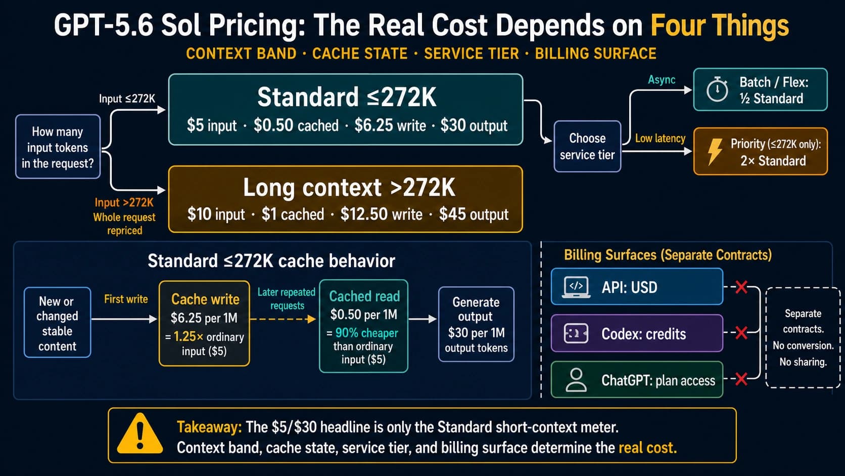 GPT-5.6 Sol cost map separating standard API rates, the long-context threshold, cache behavior, service tiers, and accepted-work routing