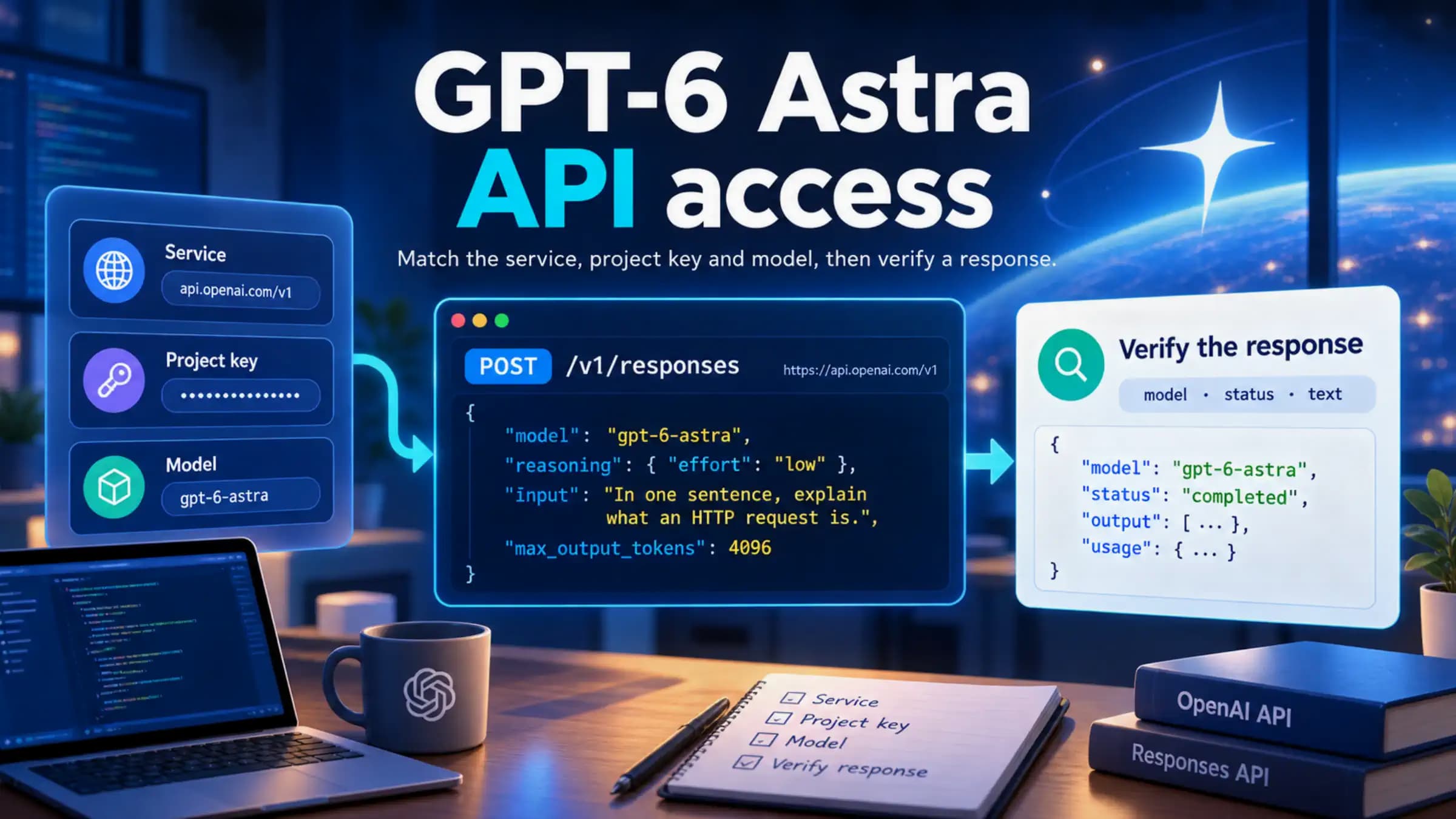 GPT-6 Astra request workflow linking the service, project key, and model to response verification