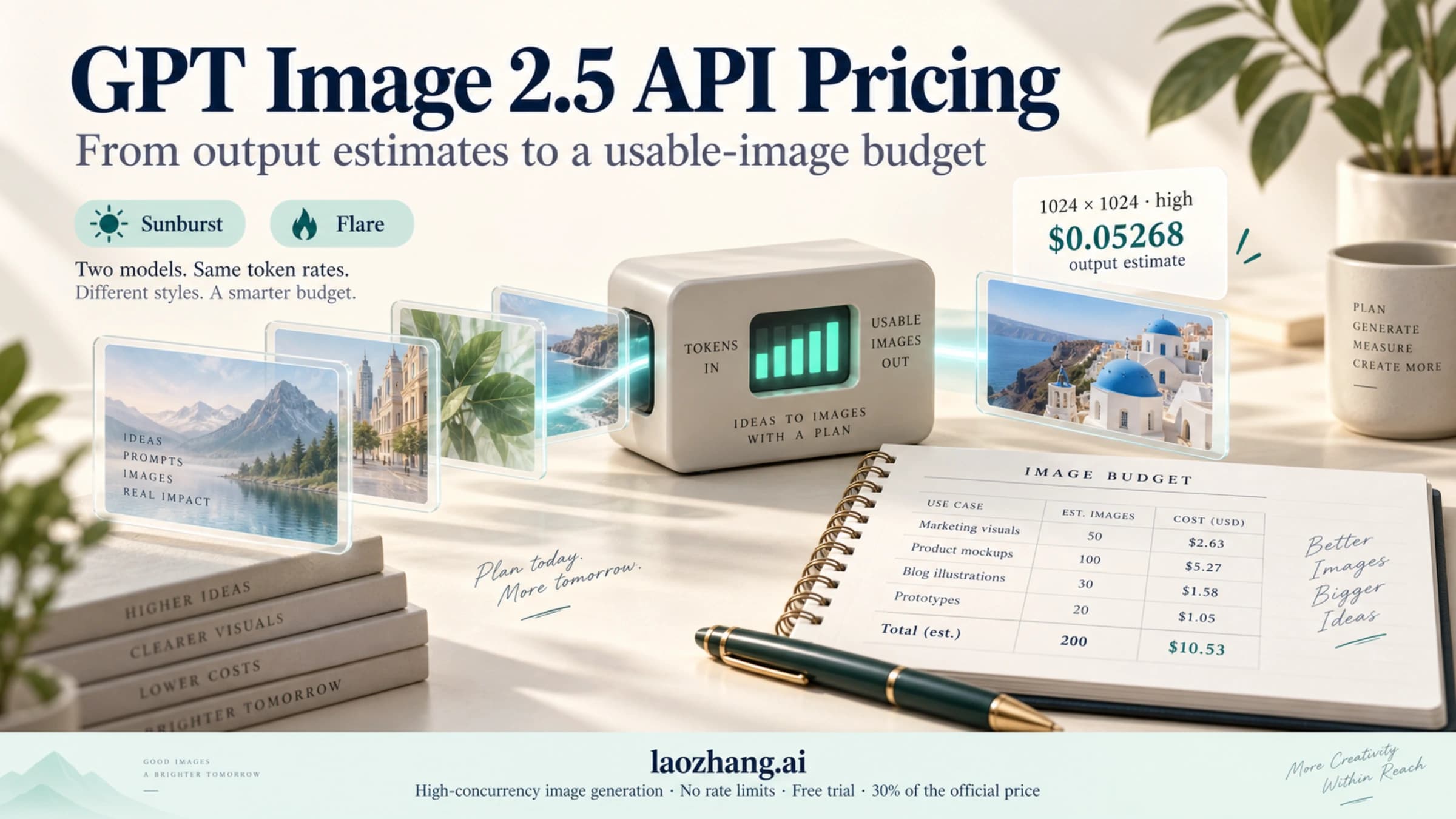 GPT Image 2.5 image frames, a token meter, and a ledger illustrating API cost planning
