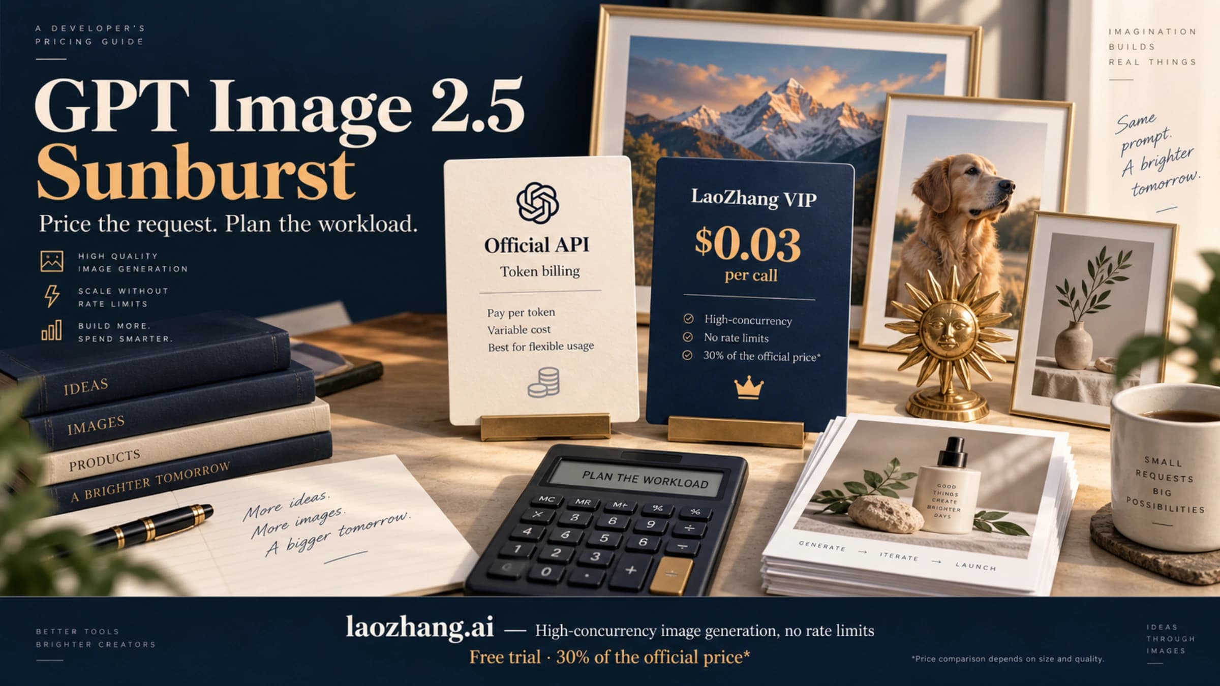 Sunburst pricing cover with official token billing and LaoZhang VIP per-call billing beside generated image samples