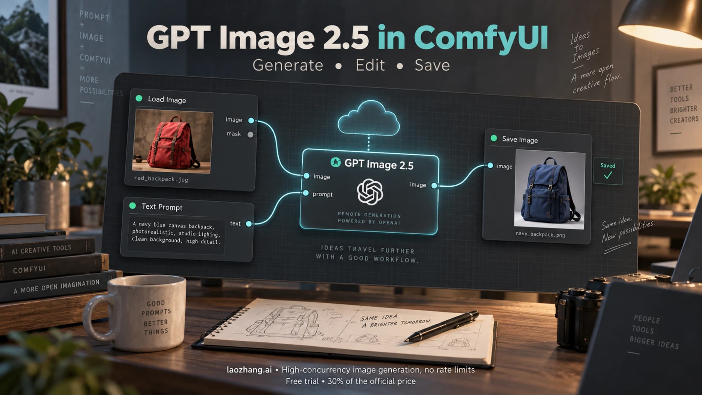 Concept illustration of reference images and a prompt connected to GPT Image 2.5 and Save Image in ComfyUI