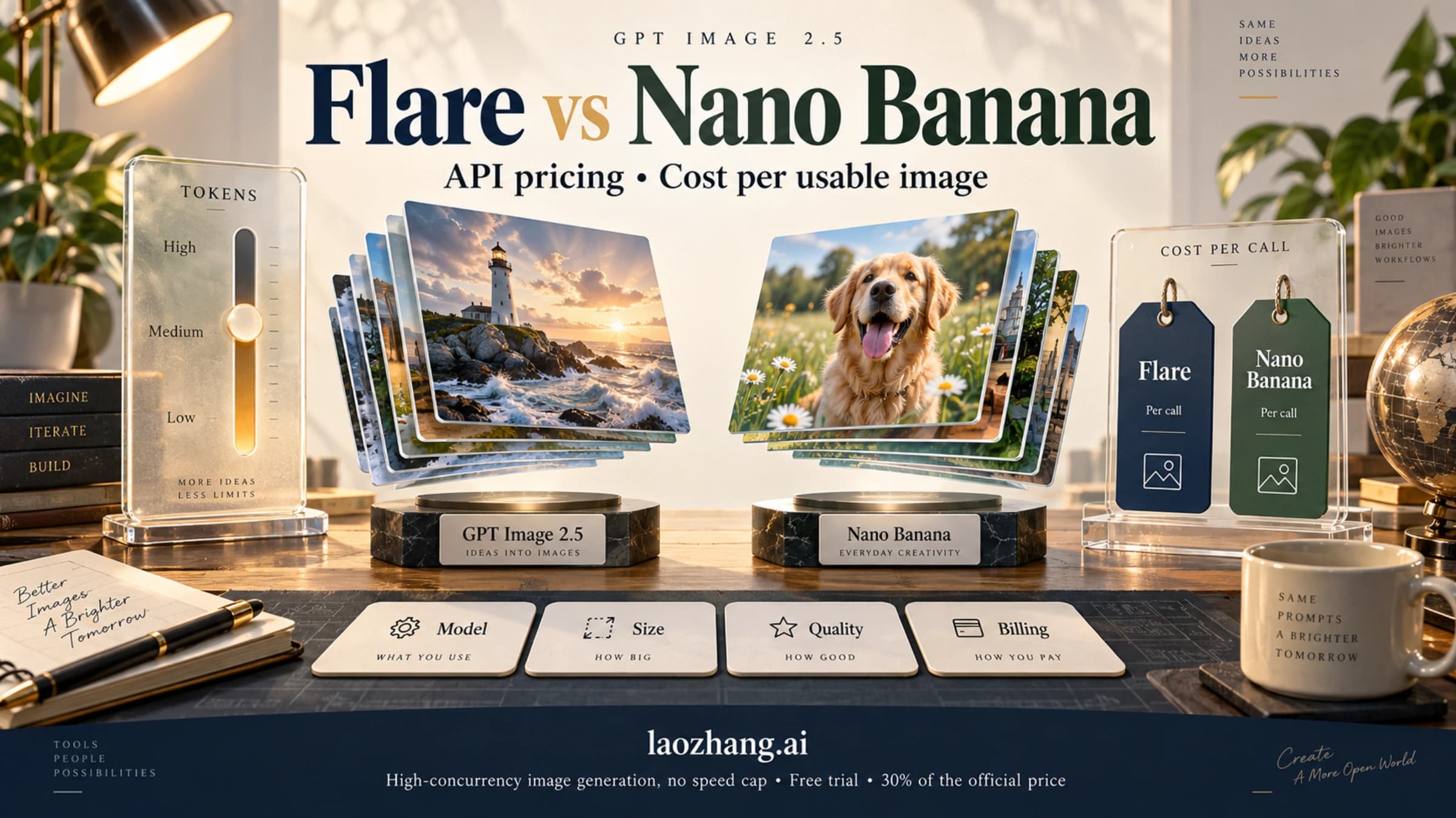 Flare and Nano Banana image stacks beside a token meter and per-call price tags for API cost comparison