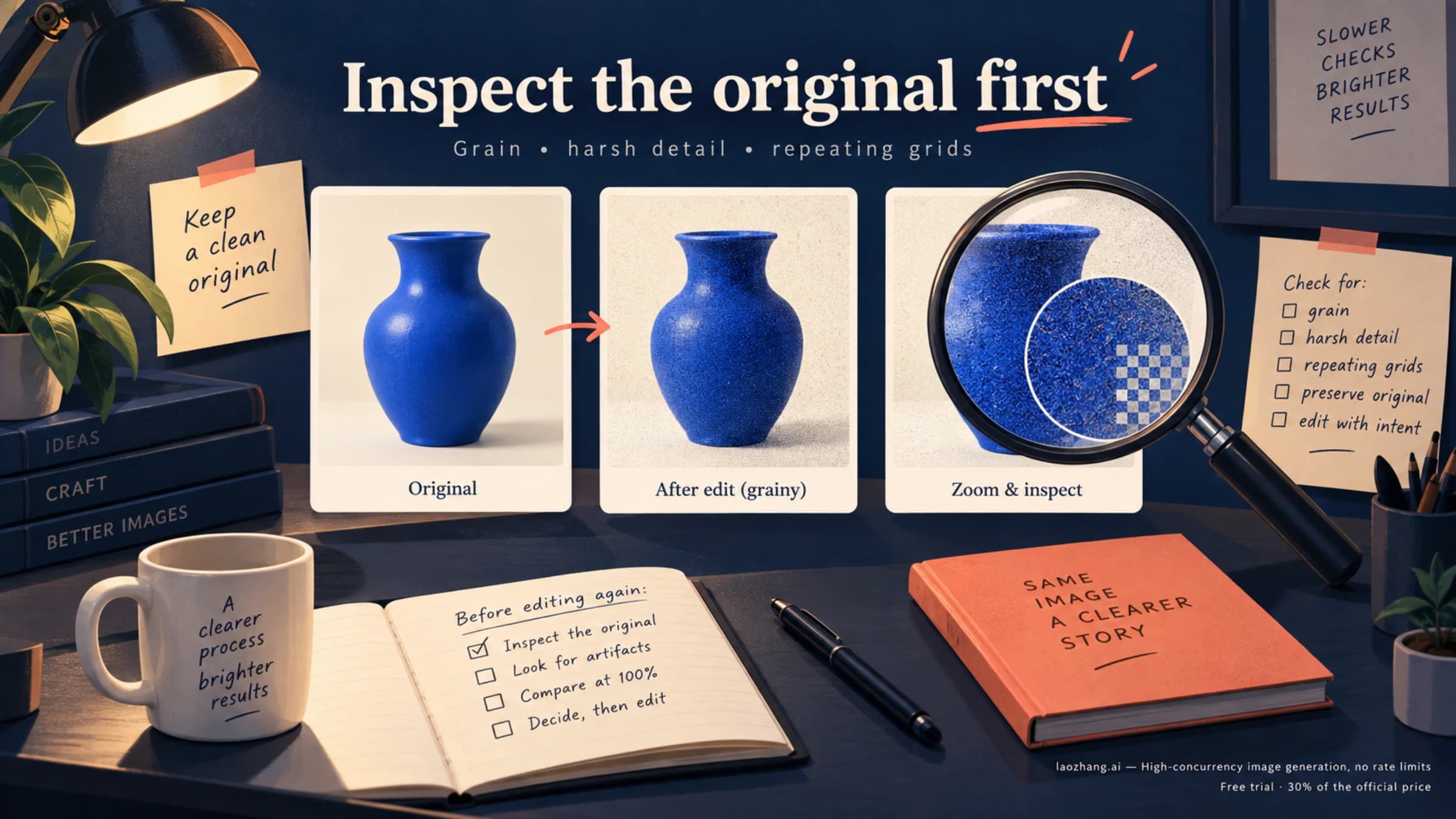Concept illustration of an original image, a grainy revision, and a magnified inspection of unwanted texture