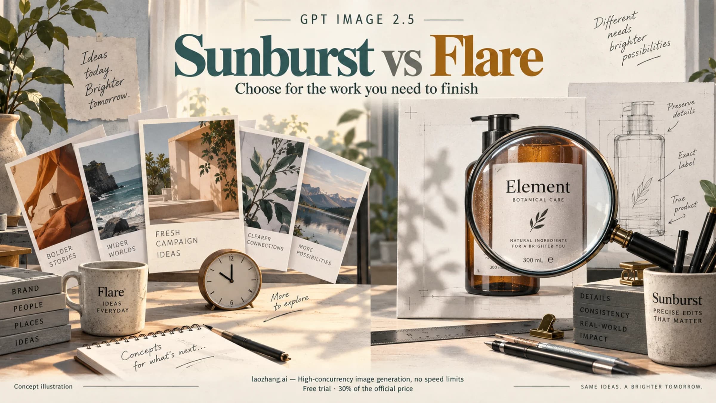 Concept illustration of everyday creative work and close inspection of product details for choosing Flare or Sunburst