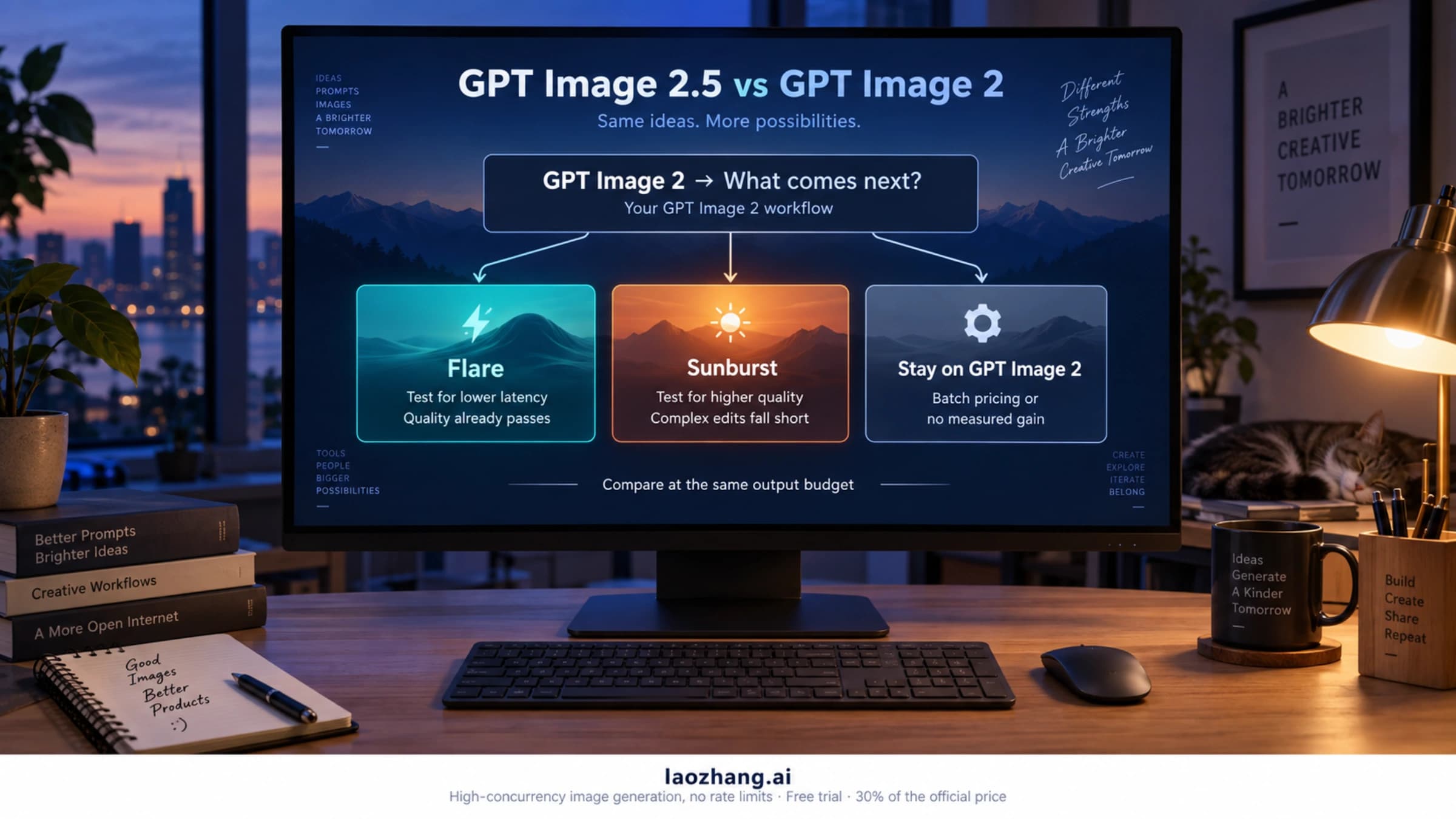 Monitor on a dusk-lit desk showing a routing diagram from GPT Image 2 to GPT Image 2.5 Flare for latency, GPT Image 2.5 Sunburst for quality, or staying on GPT Image 2 for Batch pricing