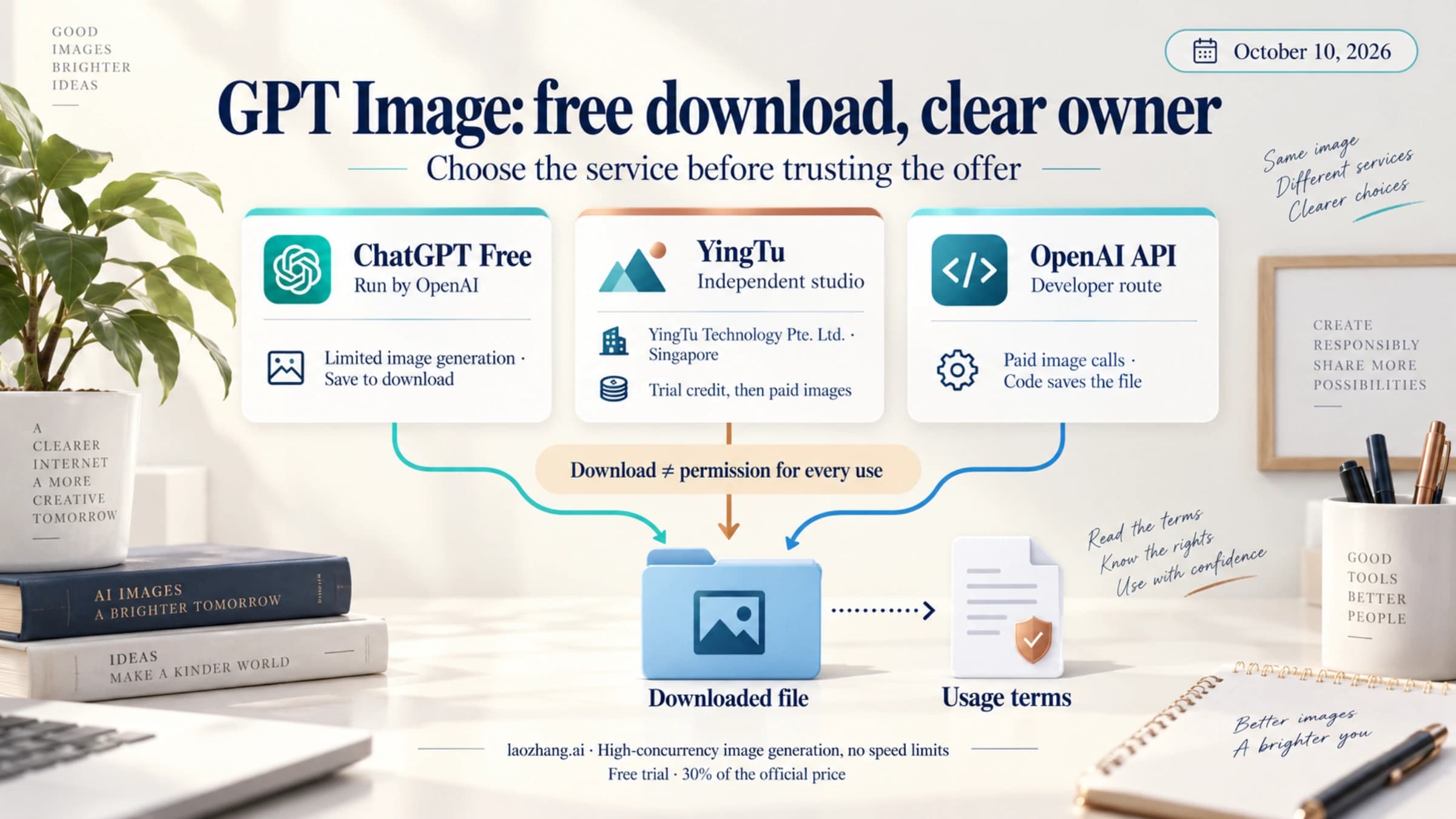 Conceptual download-route comparison: ChatGPT Free is run by OpenAI, YingTu is an independent Singapore studio with trial credit and paid images, and the OpenAI API charges for image calls; downloaded files and usage terms are separate.