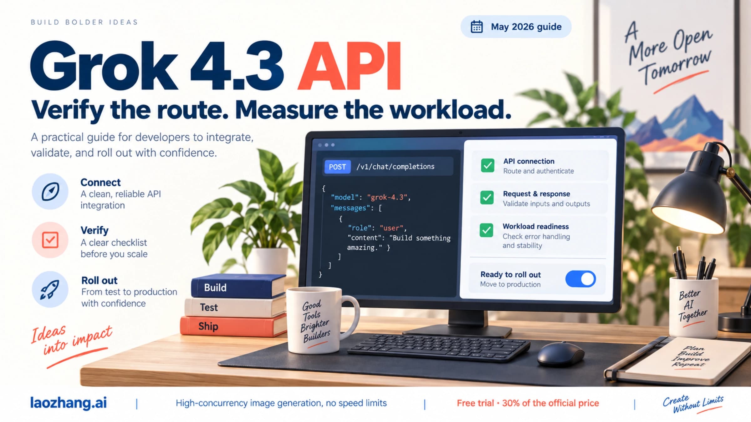 Grok 4.3 API guide illustration with a developer checklist