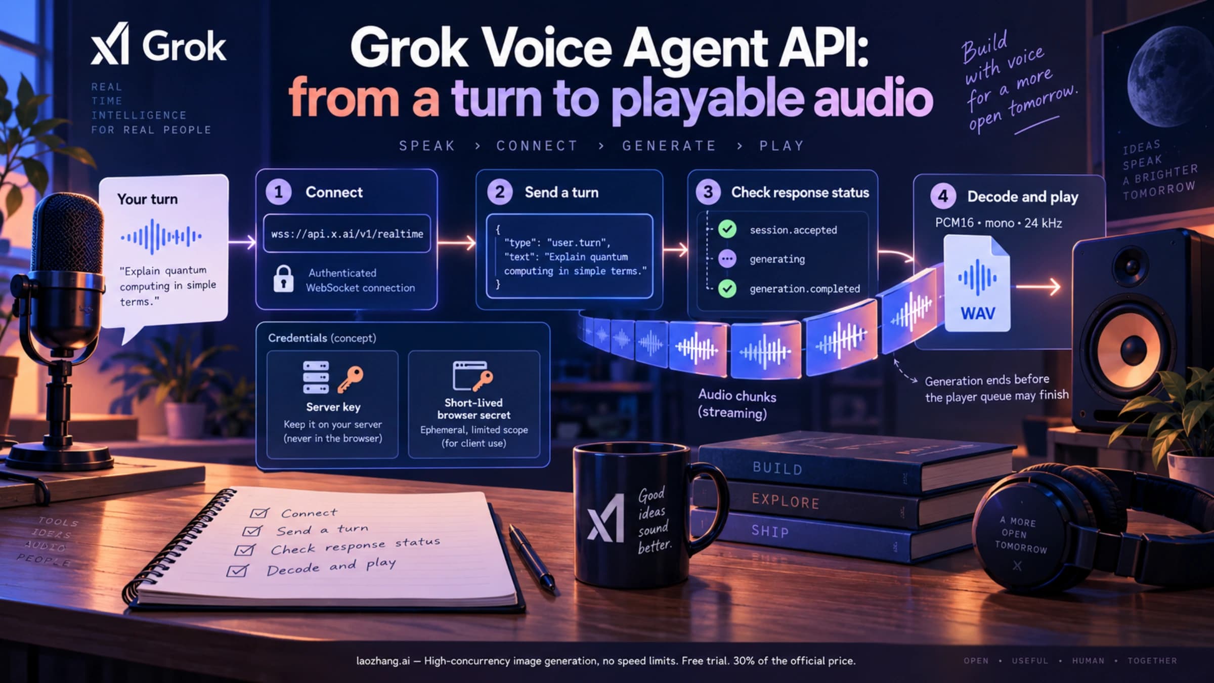 Conceptual Grok Voice API path from authenticated WebSocket input through response status and decoded WAV audio to speaker playback
