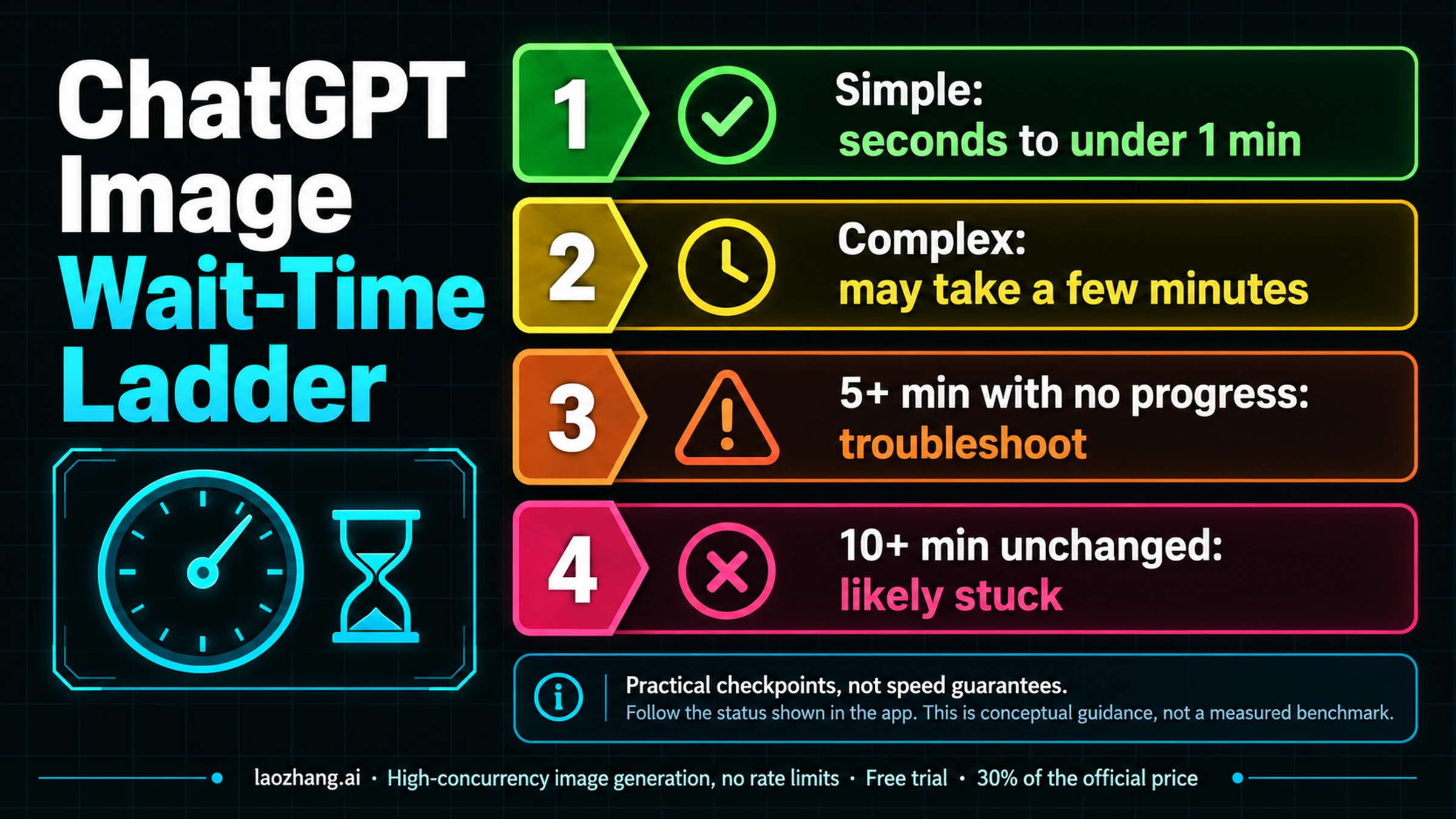 ChatGPT image wait-time ladder with simple, complex, five-minute, and ten-minute thresholds