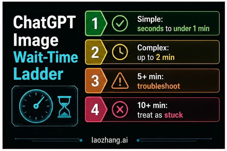 ChatGPT image wait-time ladder with simple, complex, five-minute, and ten-minute thresholds