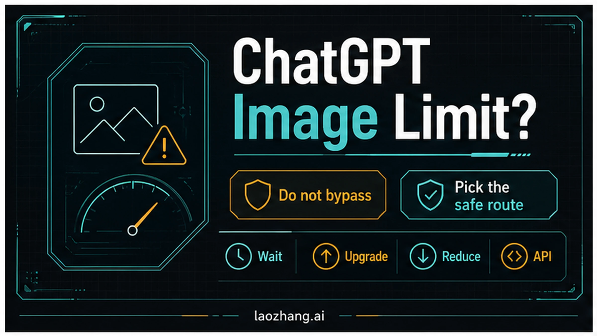 Technical board showing safe routes after ChatGPT image limits instead of bypass tactics