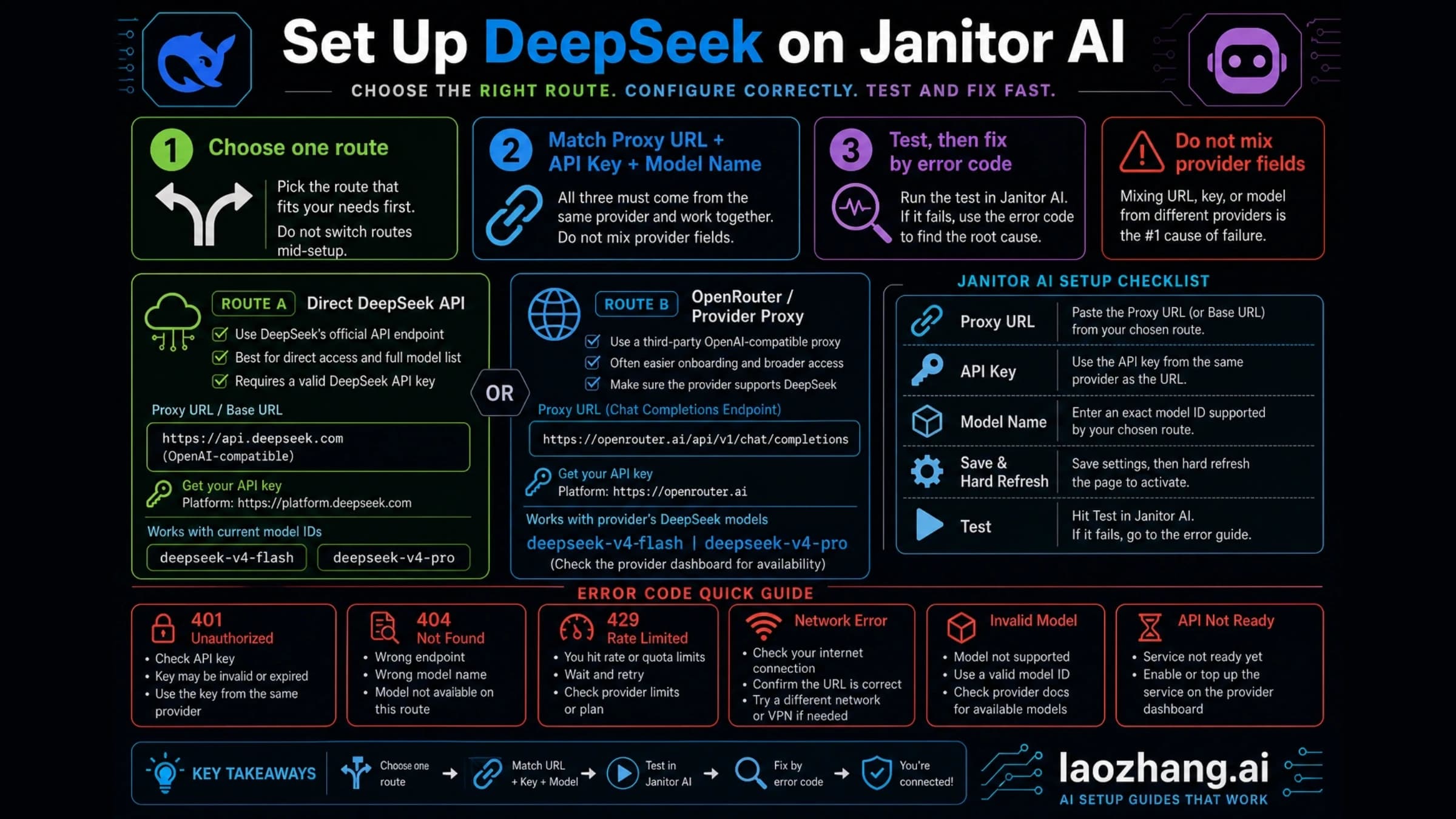 Codex-generated route board for setting up DeepSeek on Janitor AI without mixing proxy URL, API key, and model name