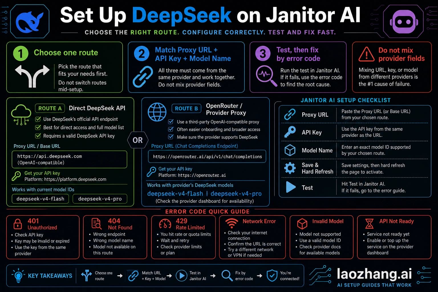 Codex-generated route board for setting up DeepSeek on Janitor AI without mixing proxy URL, API key, and model name
