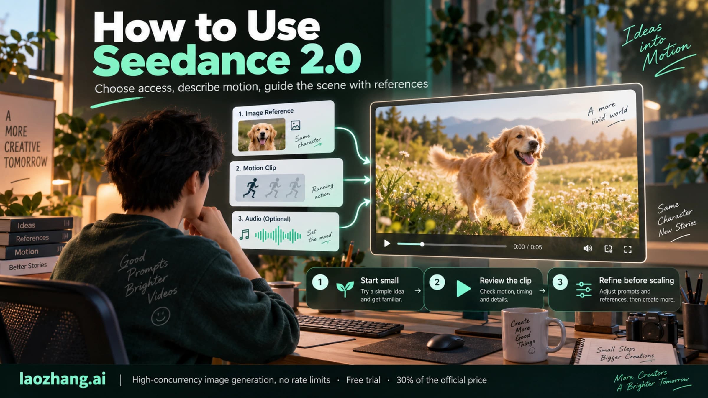 Use Seedance2.0 with motion descriptions, image references, video guidance and audio