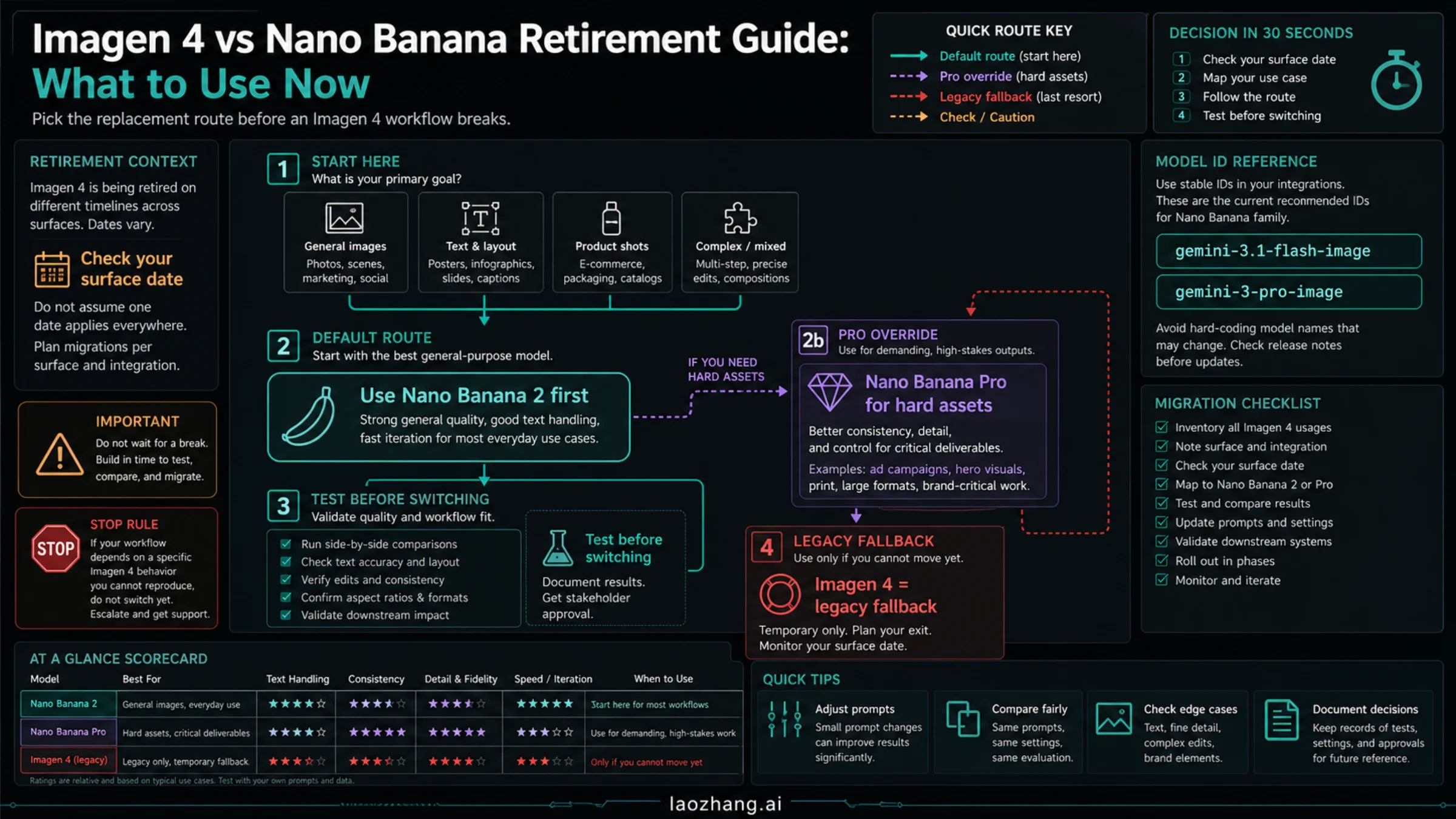 Imagen 4 versus Nano Banana retirement guide board showing Nano Banana 2 as the default replacement and Nano Banana Pro as the escalation path