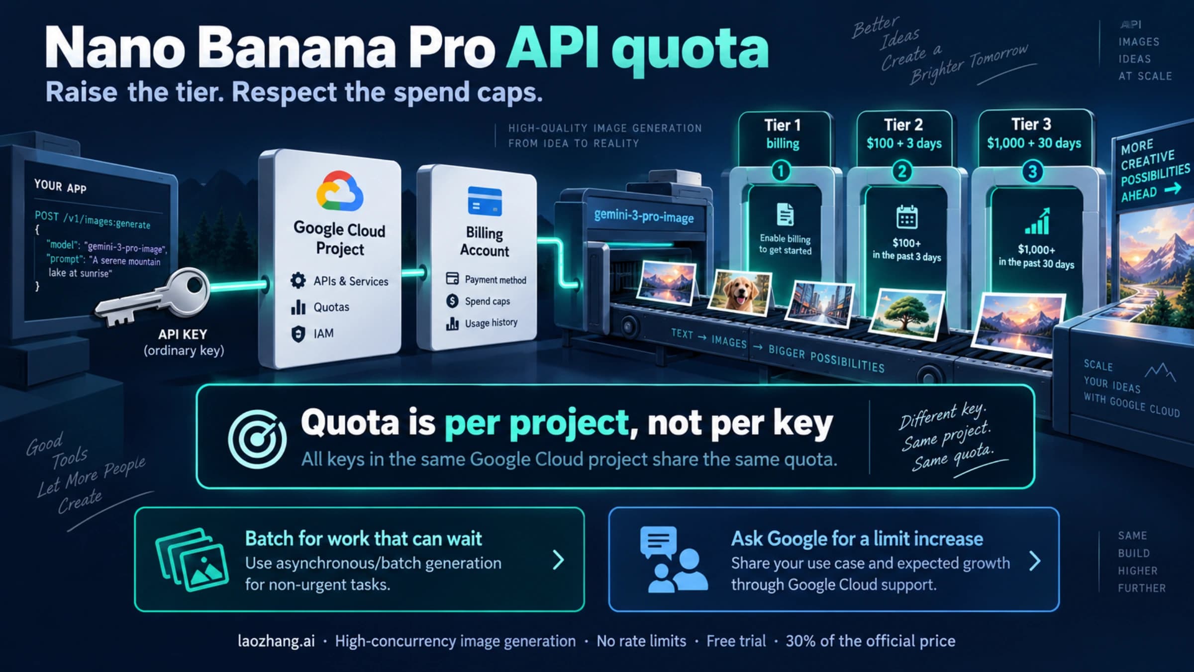 Nano Banana Pro API quota through current model, project billing tiers, Batch and an increase request