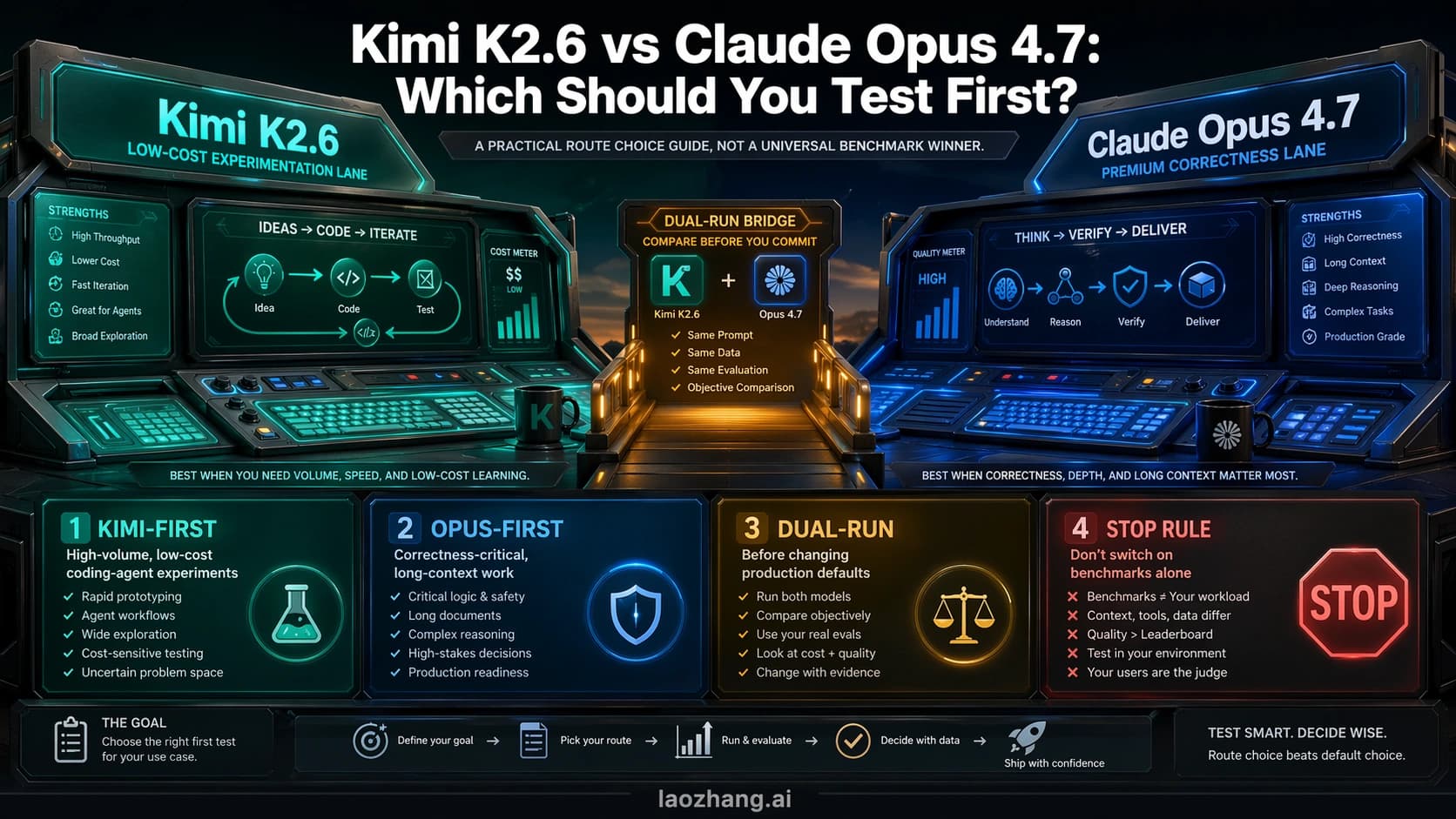Technical route board for Kimi K2.6 versus Claude Opus 4.7 showing Kimi-first, Opus-first, dual-run, and stop-rule choices